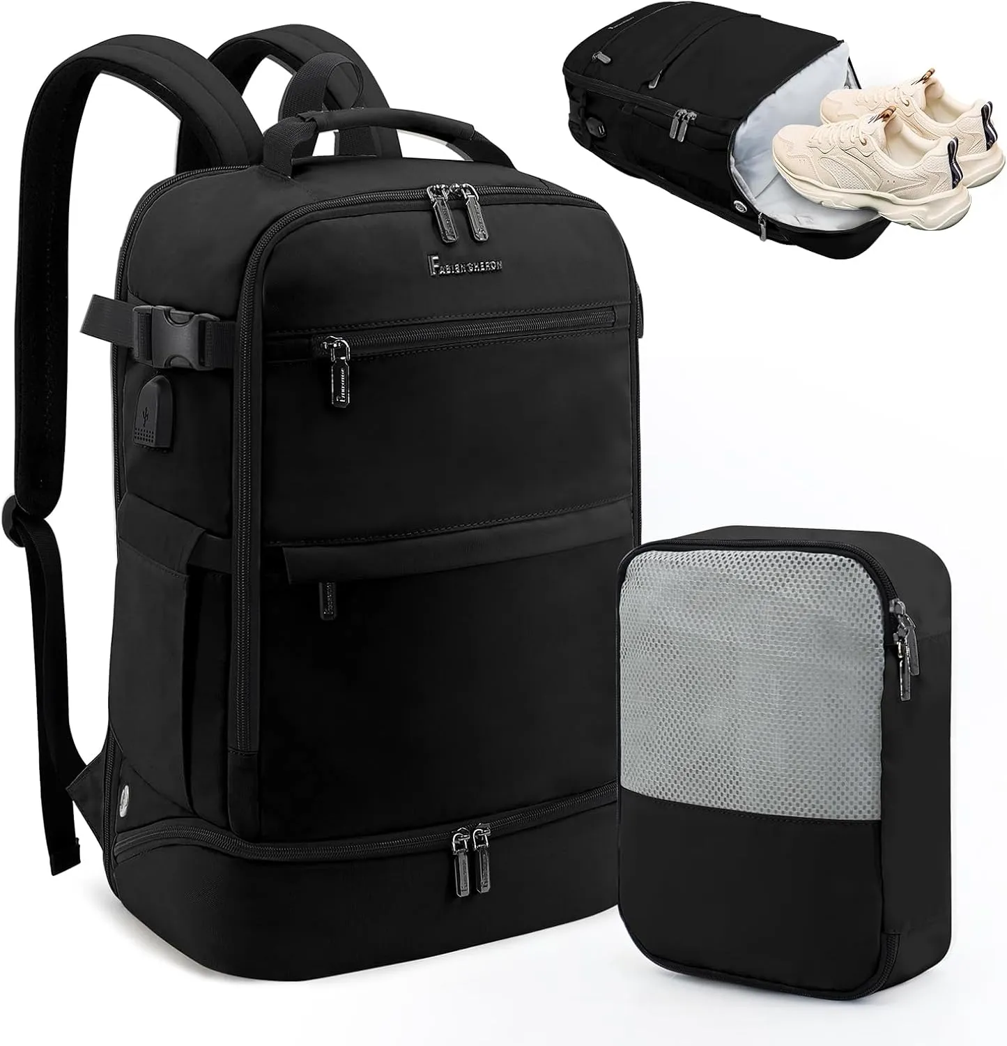 Backpack for Women Men,17.3 Inch Laptop Backpack with Shoes Compartment,40L Travel Backpack Carry on Flight Approved with Toiletry Bag(Black)