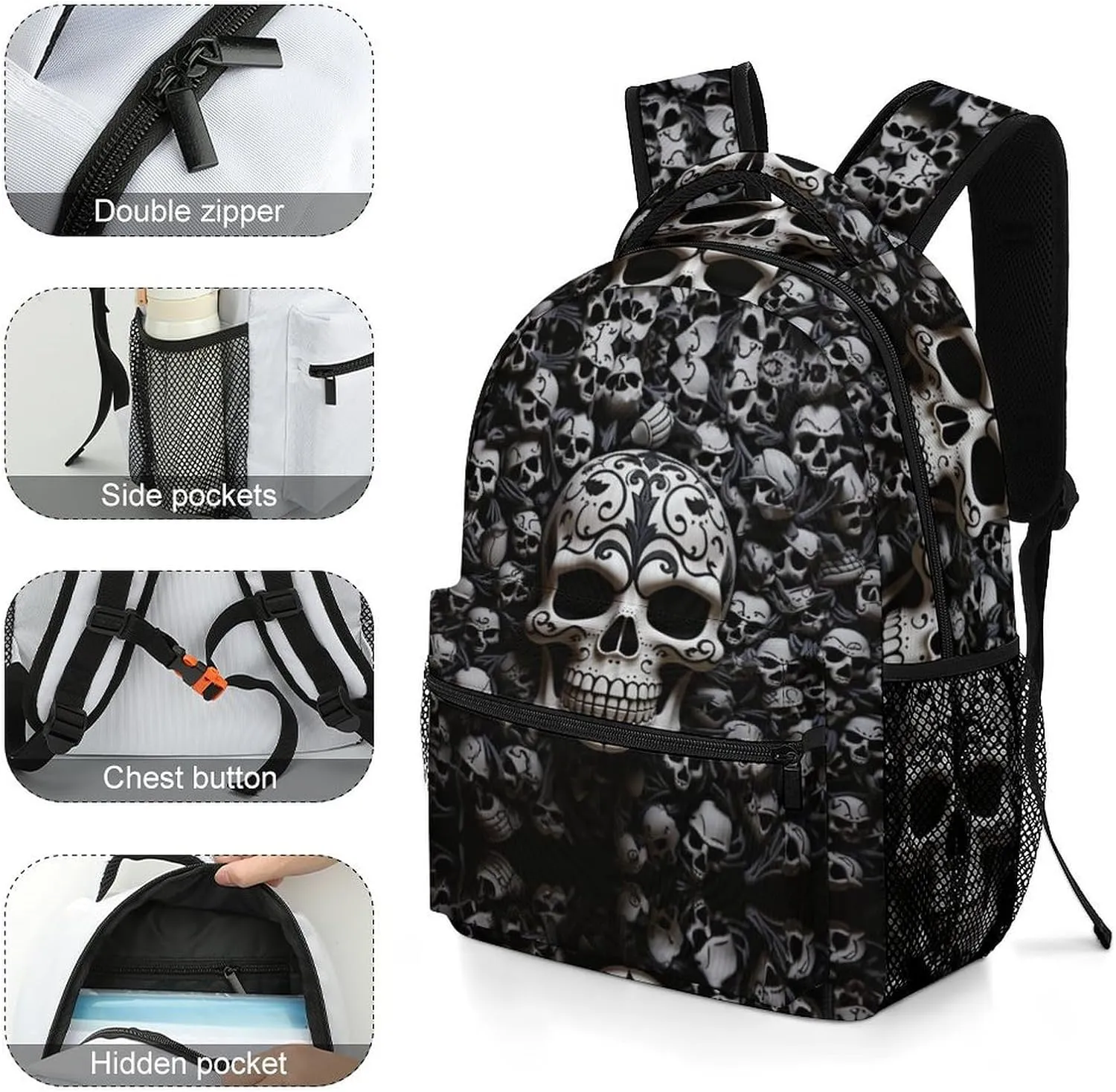 Backpacks Black And White Skulls Travel Bag Laptop Backpack Casual Daypack for Weekender Business Hiking