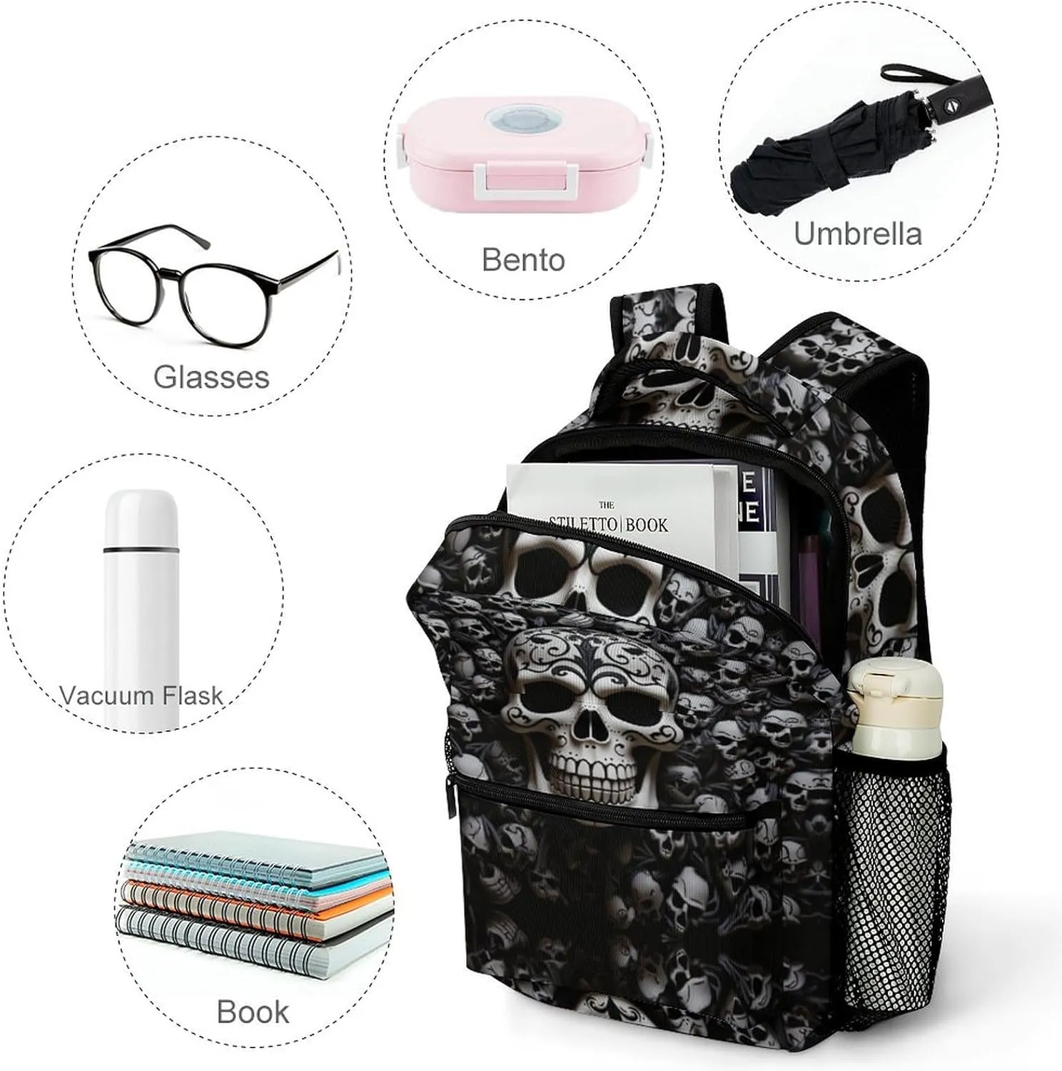 Backpacks Black And White Skulls Travel Bag Laptop Backpack Casual Daypack for Weekender Business Hiking