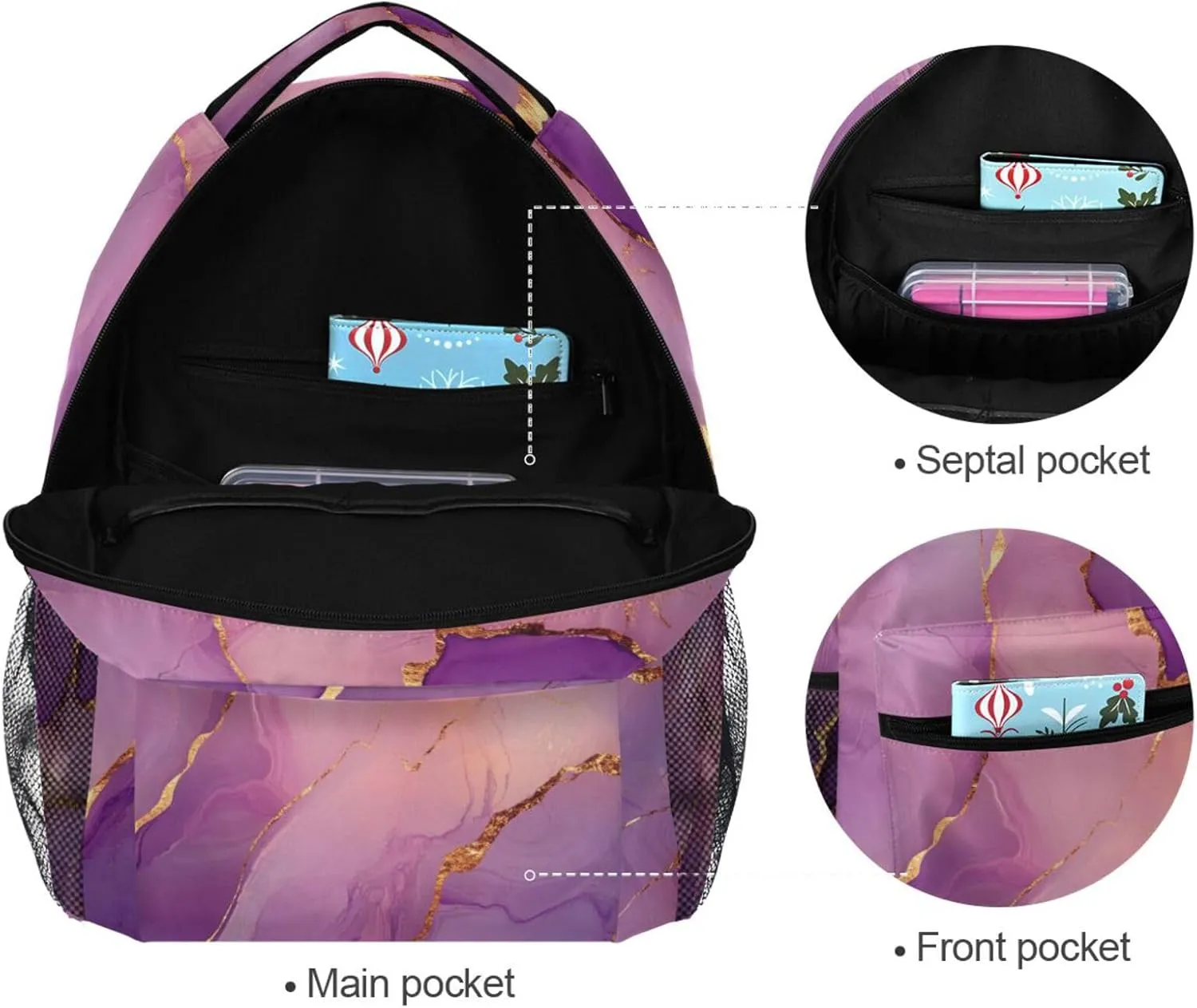 Backpacks for Teacher Nurse Waterproof Stylish Travel Bags with Chest Strap for Business Work College Travel Trip Marble Rose Gold Purple