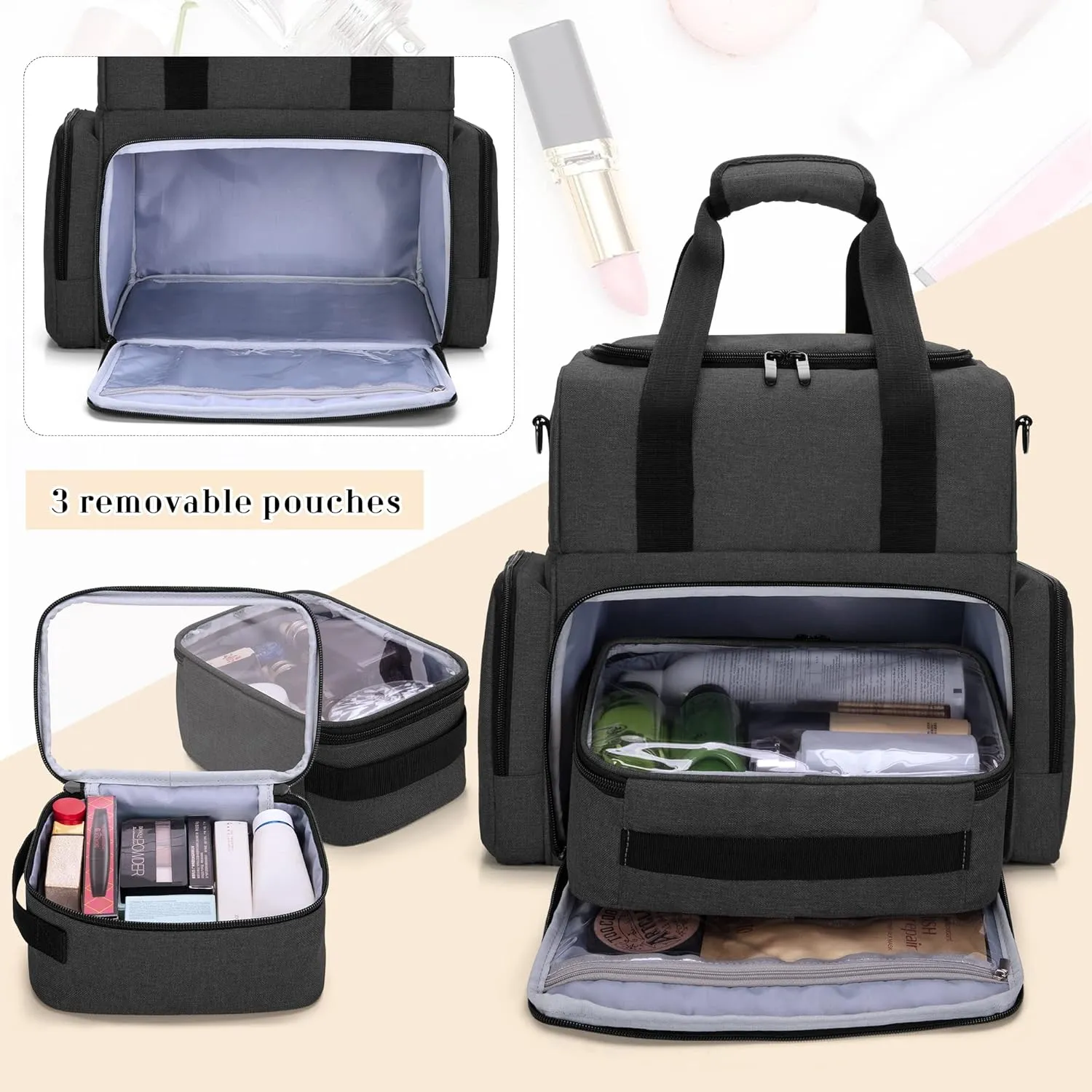 BAFASO 2 Layers Large Travel Makeup Bag with 3 Inner Removable Pouches, Hair Bag Cosmetic Bag Tattoo Carrying Case with Detachable Dividers (Patented), Black
