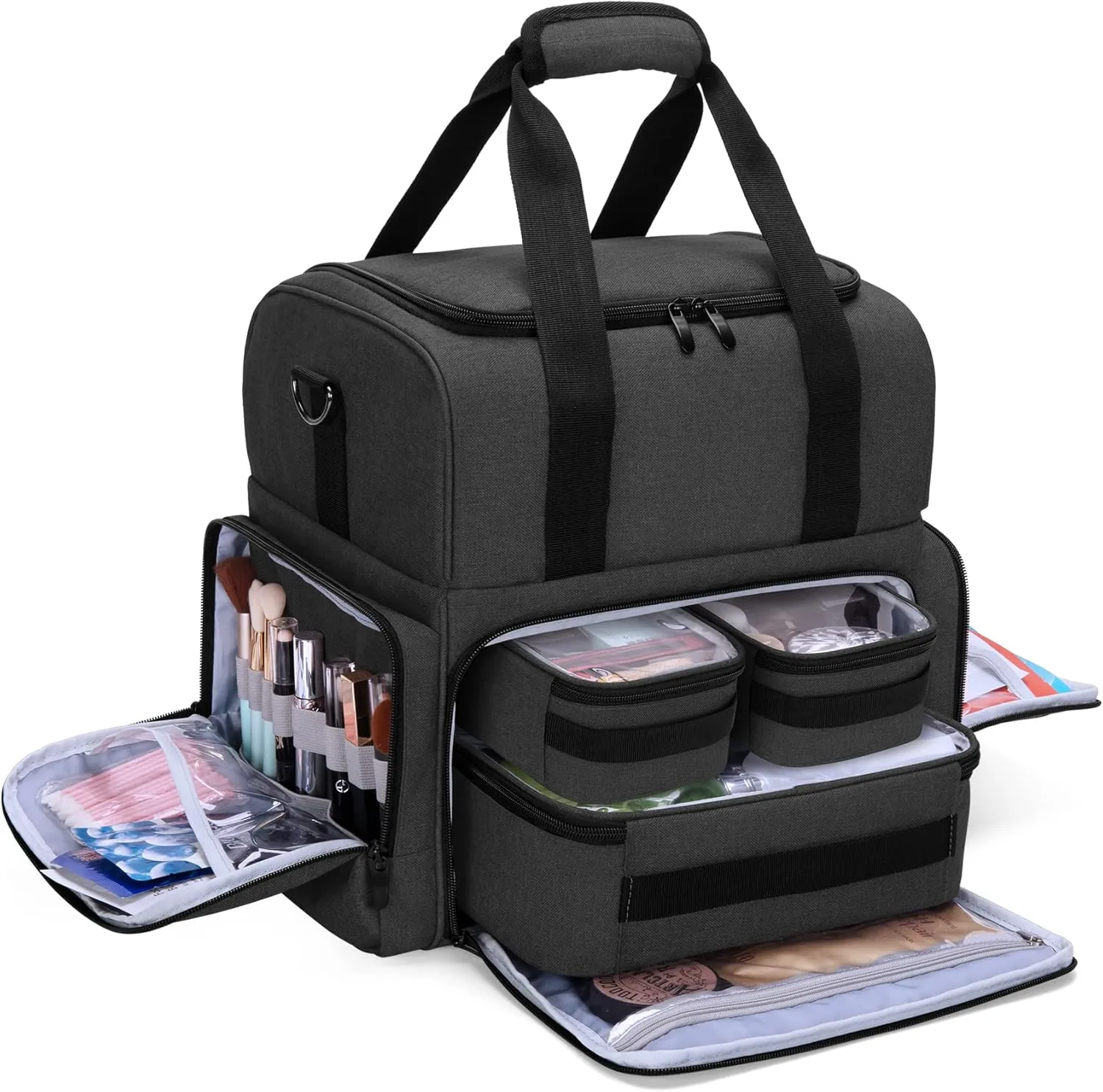 BAFASO 2 Layers Large Travel Makeup Bag with 3 Inner Removable Pouches, Hair Bag Cosmetic Bag Tattoo Carrying Case with Detachable Dividers (Patented), Black