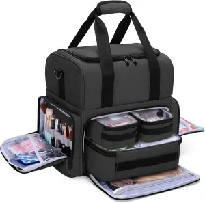 BAFASO 2 Layers Large Travel Makeup Bag with 3 Inner Removable Pouches, Hair Bag Cosmetic Bag Tattoo Carrying Case with Detachable Dividers (Patented), Black