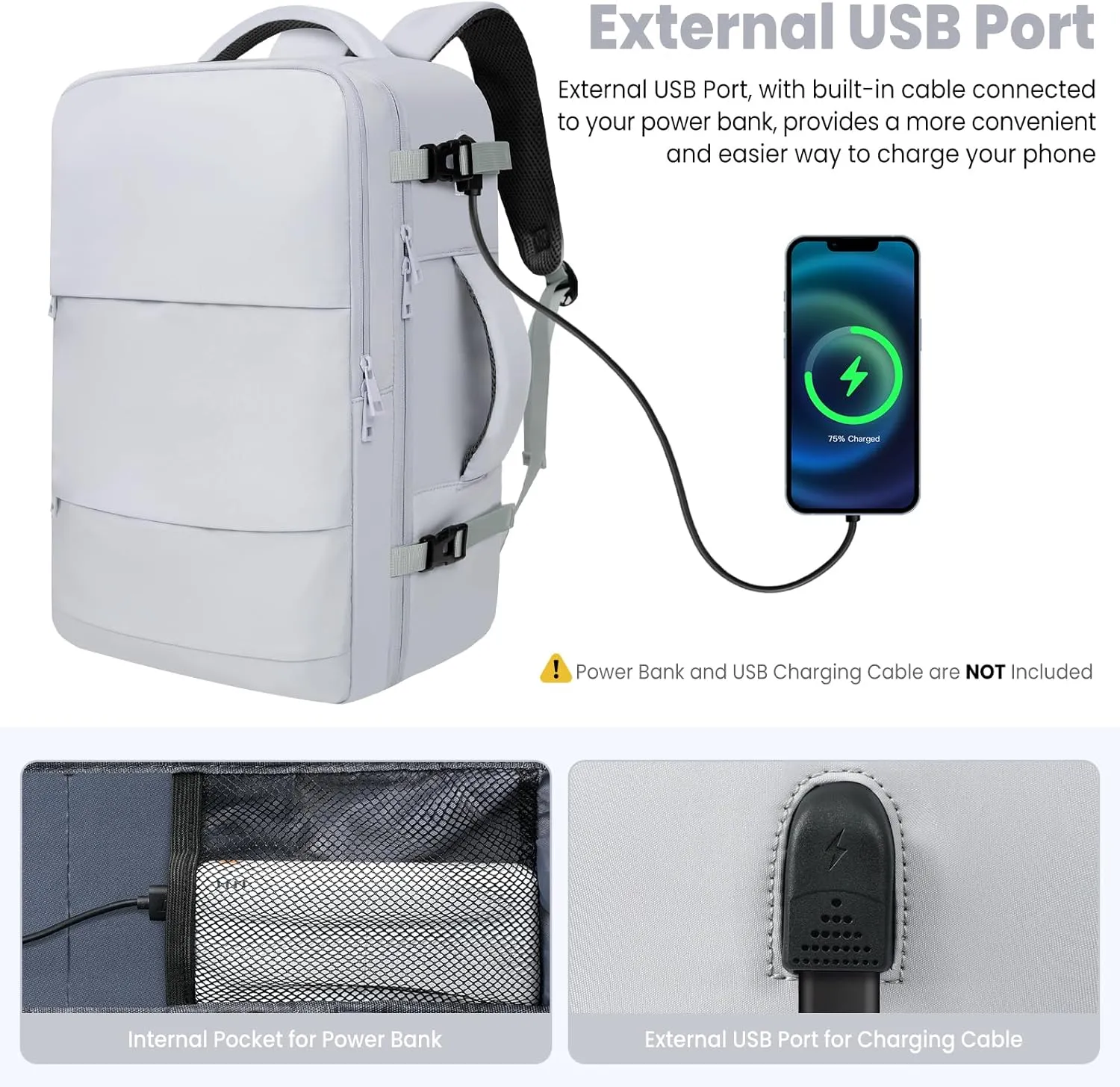 BAGAIL Travel Laptop Backpack, Carry on with USB Port, Luggage Bag for Holiday-Light Grey
