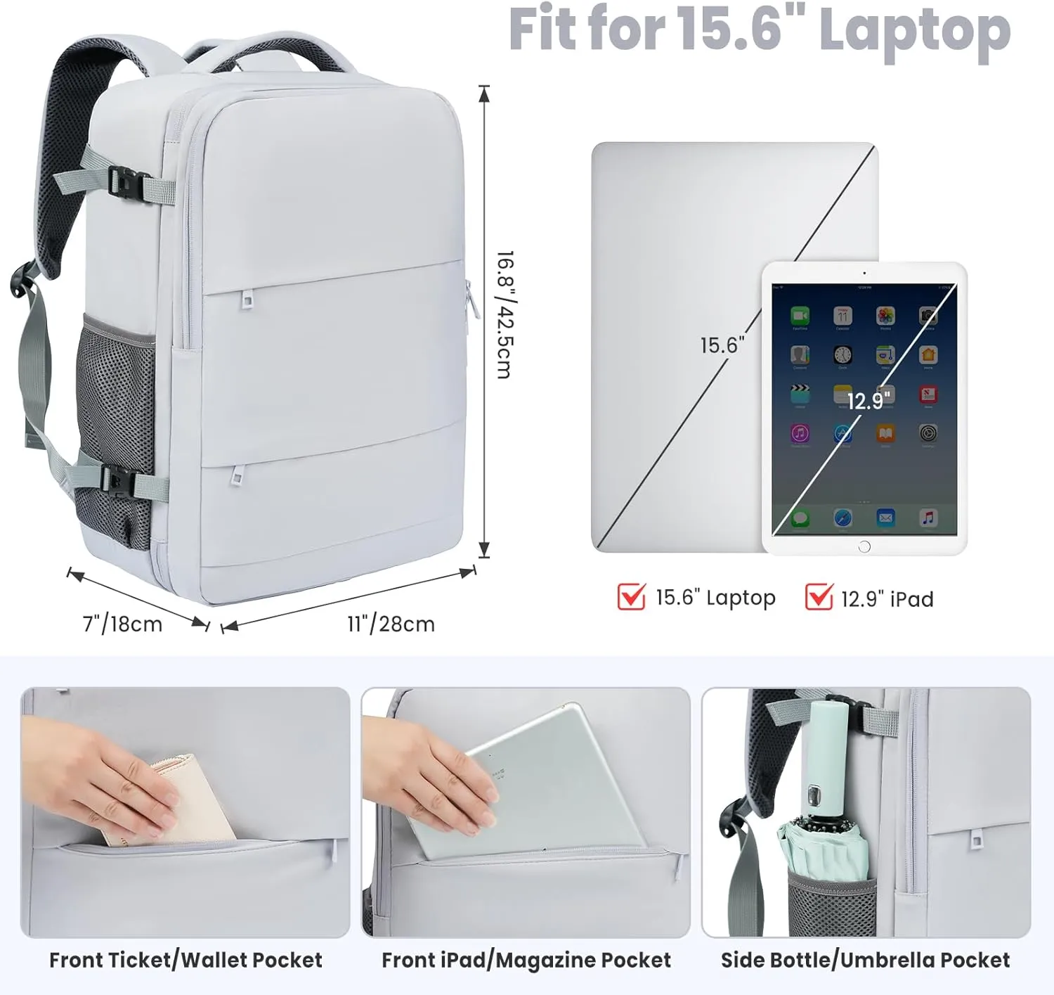 BAGAIL Travel Laptop Backpack, Carry on with USB Port, Luggage Bag for Holiday-Light Grey
