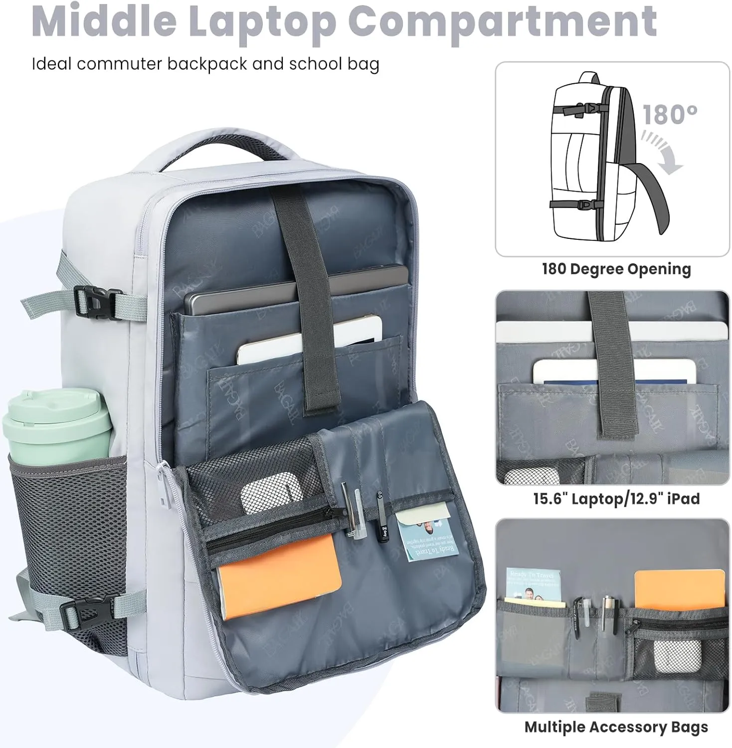 BAGAIL Travel Laptop Backpack, Carry on with USB Port, Luggage Bag for Holiday-Light Grey