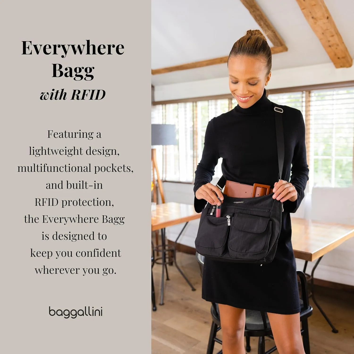 Baggallini Everywhere Bagg Crossbody Women 11x9 Lightweight Nylon Hobo Water-Resistant Travel Bag W/RFID