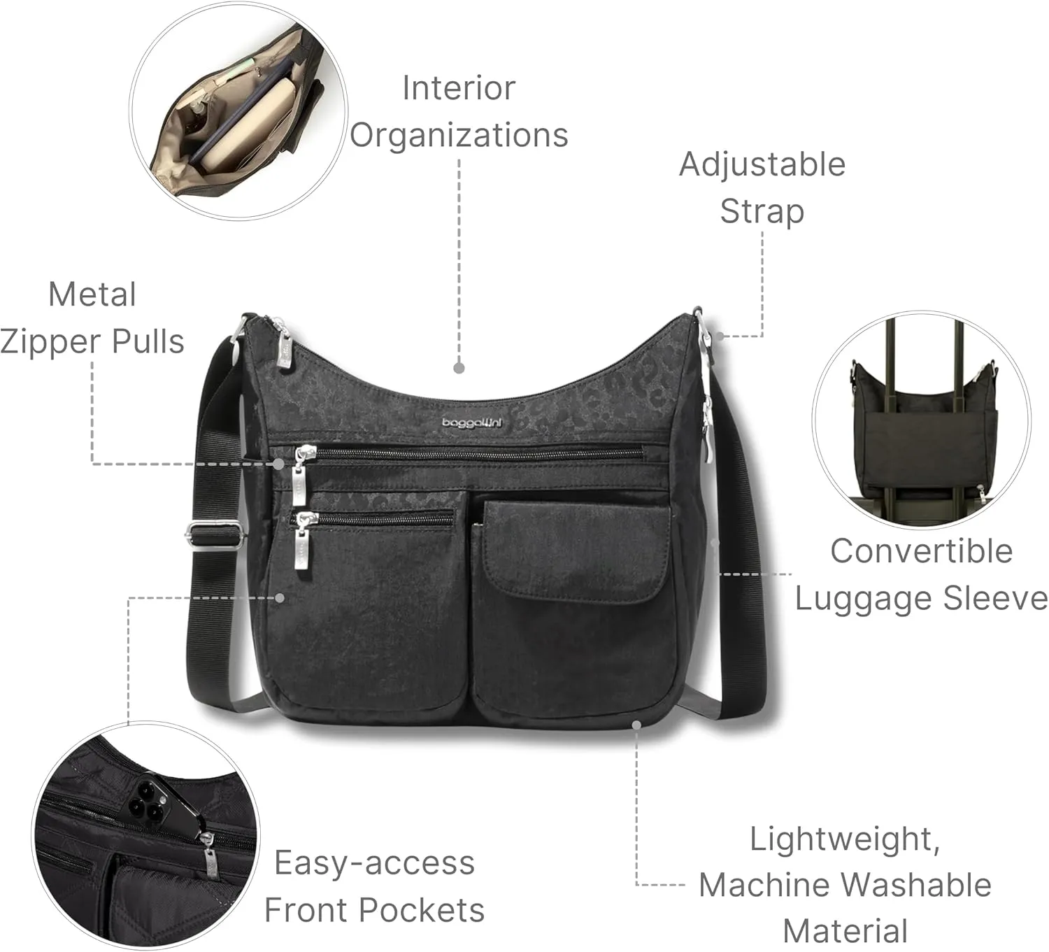 Baggallini Everywhere Bagg Crossbody Women 11x9 Lightweight Nylon Hobo Water-Resistant Travel Bag W/RFID