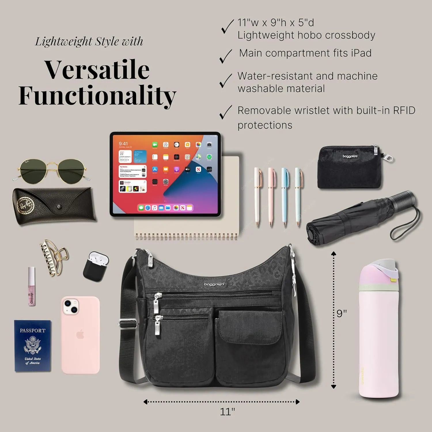 Baggallini Everywhere Bagg Crossbody Women 11x9 Lightweight Nylon Hobo Water-Resistant Travel Bag W/RFID