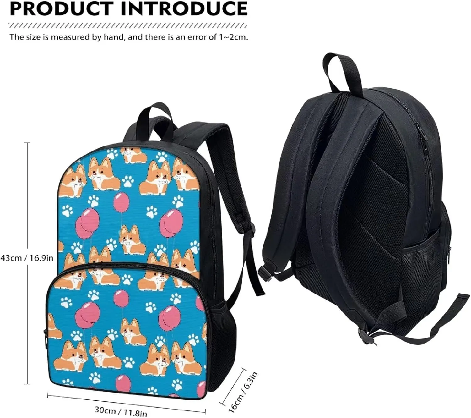 Balloons Schoolbag Corgi Dog School Backpack for Boys Personal Item Travel Bag Backpack for Boys Elementary School Backpack Kids 17 Inch Kindergarten Backpack for Boys 1St 2Nd Grade Bookbag