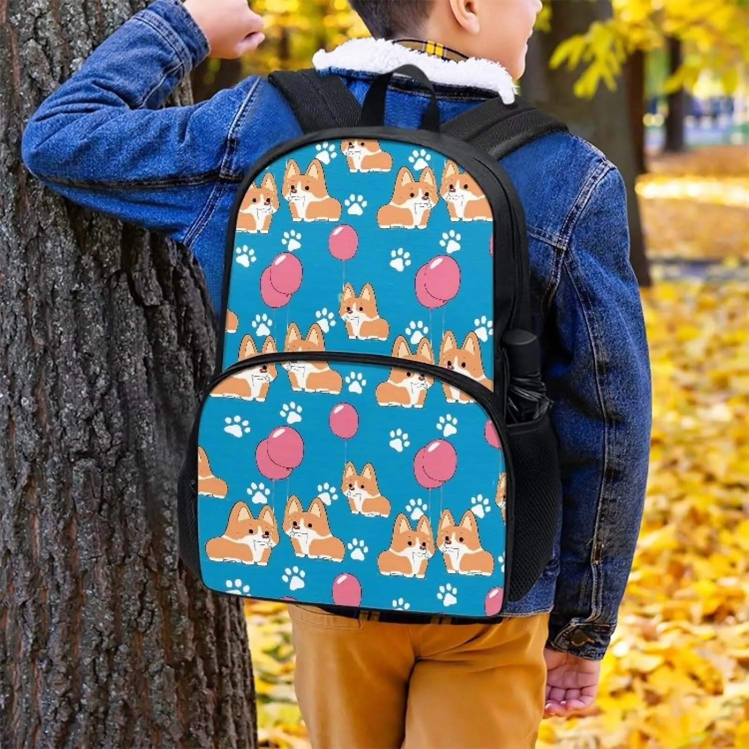 Balloons Schoolbag Corgi Dog School Backpack for Boys Personal Item Travel Bag Backpack for Boys Elementary School Backpack Kids 17 Inch Kindergarten Backpack for Boys 1St 2Nd Grade Bookbag
