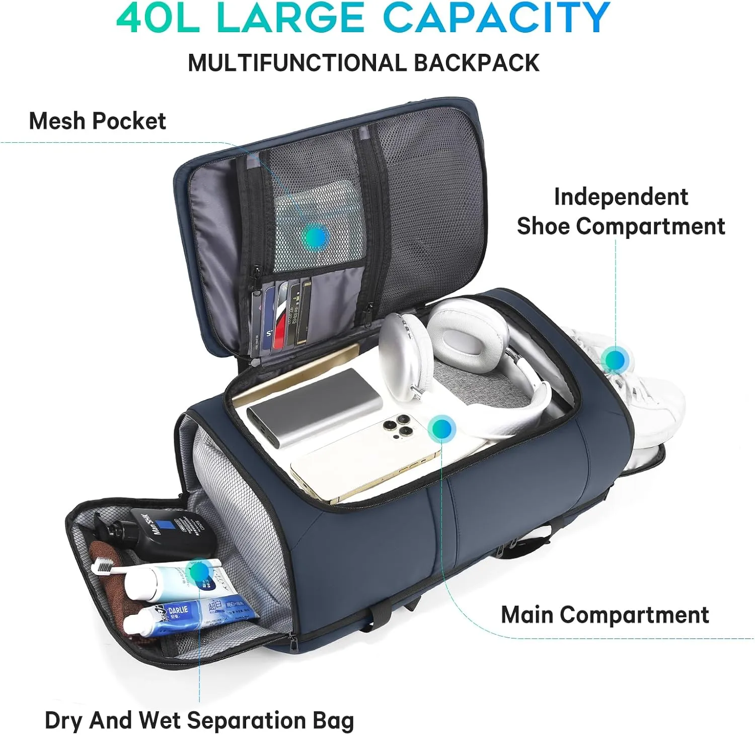 BANGE Travel Backpack with Shoe Compartment, 40L Large Capacity Back Pack, Men's Weekender Daypack Fits 17.3 Inch Laptop, Carry On Travel Backpack with Water Bottle Holder for Men and Women
