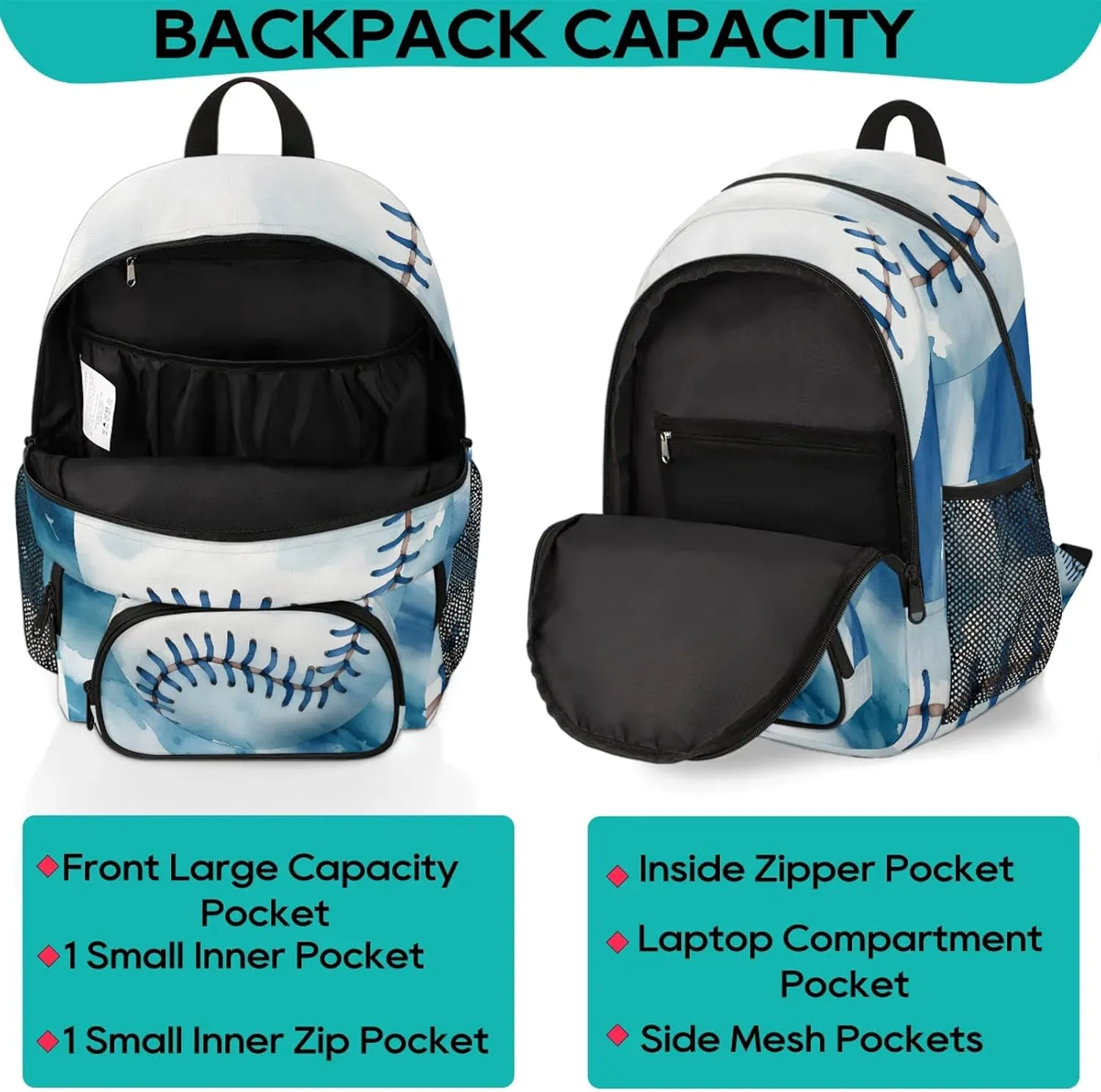 Baseball 16.7 Inch Backpack Waterproof Shoulder Bag with Adjustable Strap Casual Hiking Gym Travel Daypack