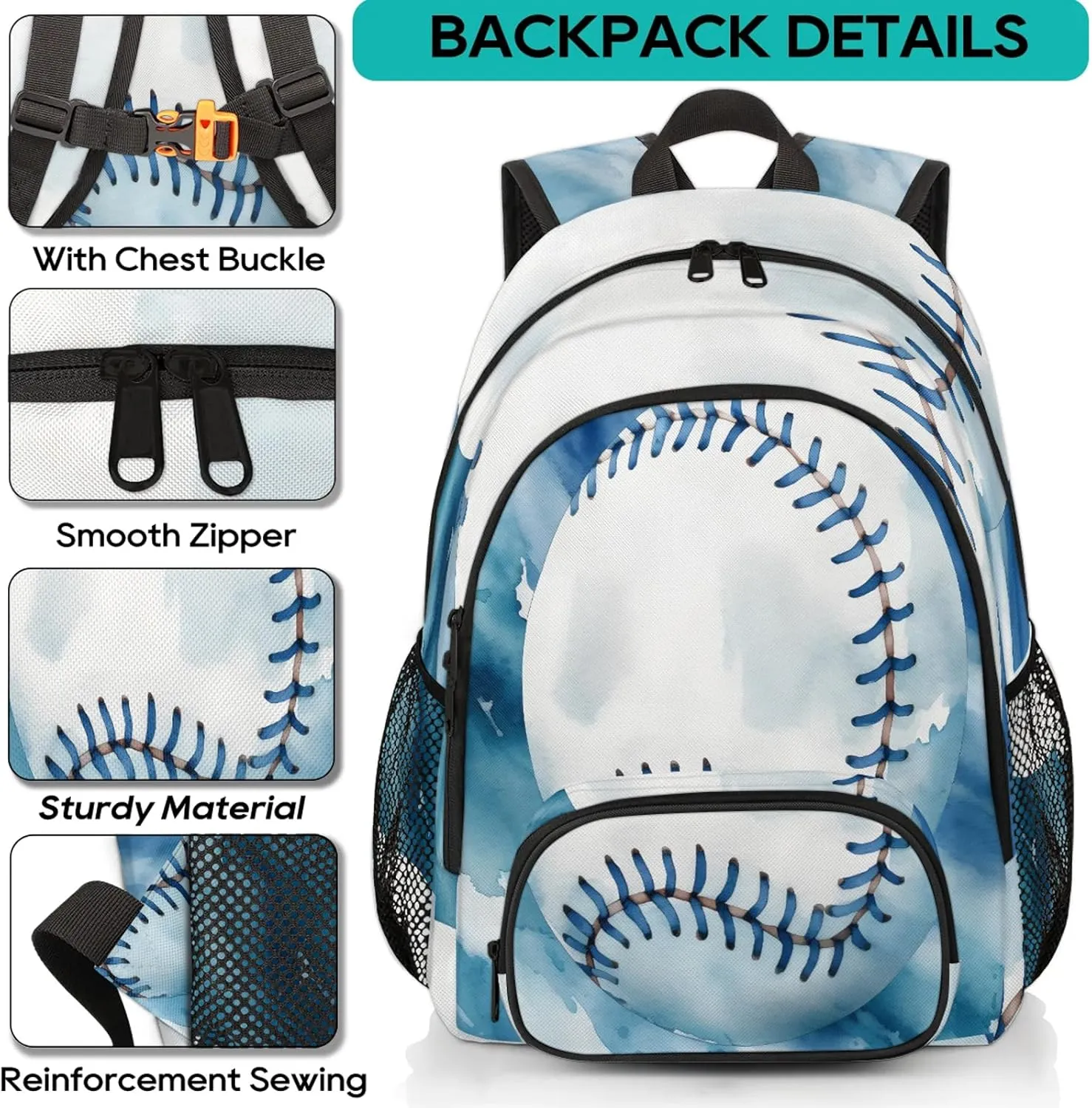 Baseball 16.7 Inch Backpack Waterproof Shoulder Bag with Adjustable Strap Casual Hiking Gym Travel Daypack
