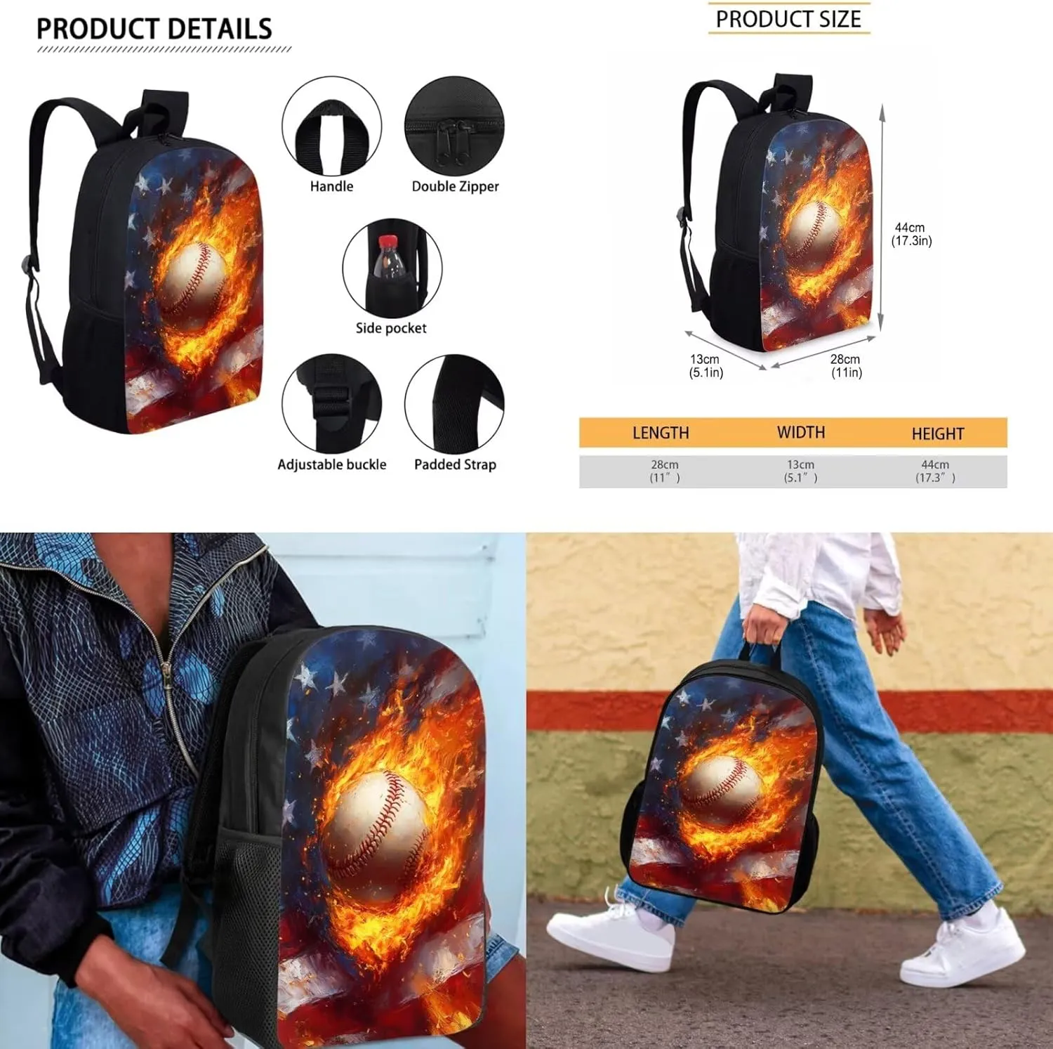 Baseball Teen Backpacks for Boys School Backpack with Lunch Bag 17 inch Large Capacity Elementary School Bags for Boys Bookbag with Padding Portable Daypack for Church