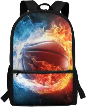 Basketball Backpack for Kids Boys 10-12 for School Kids Large Schoolbag Elementary 3rd Grade Book Bags Water Fireball 17 inch Travel Shoulder Bag Casual Daypack Hiking Camping Backpacks