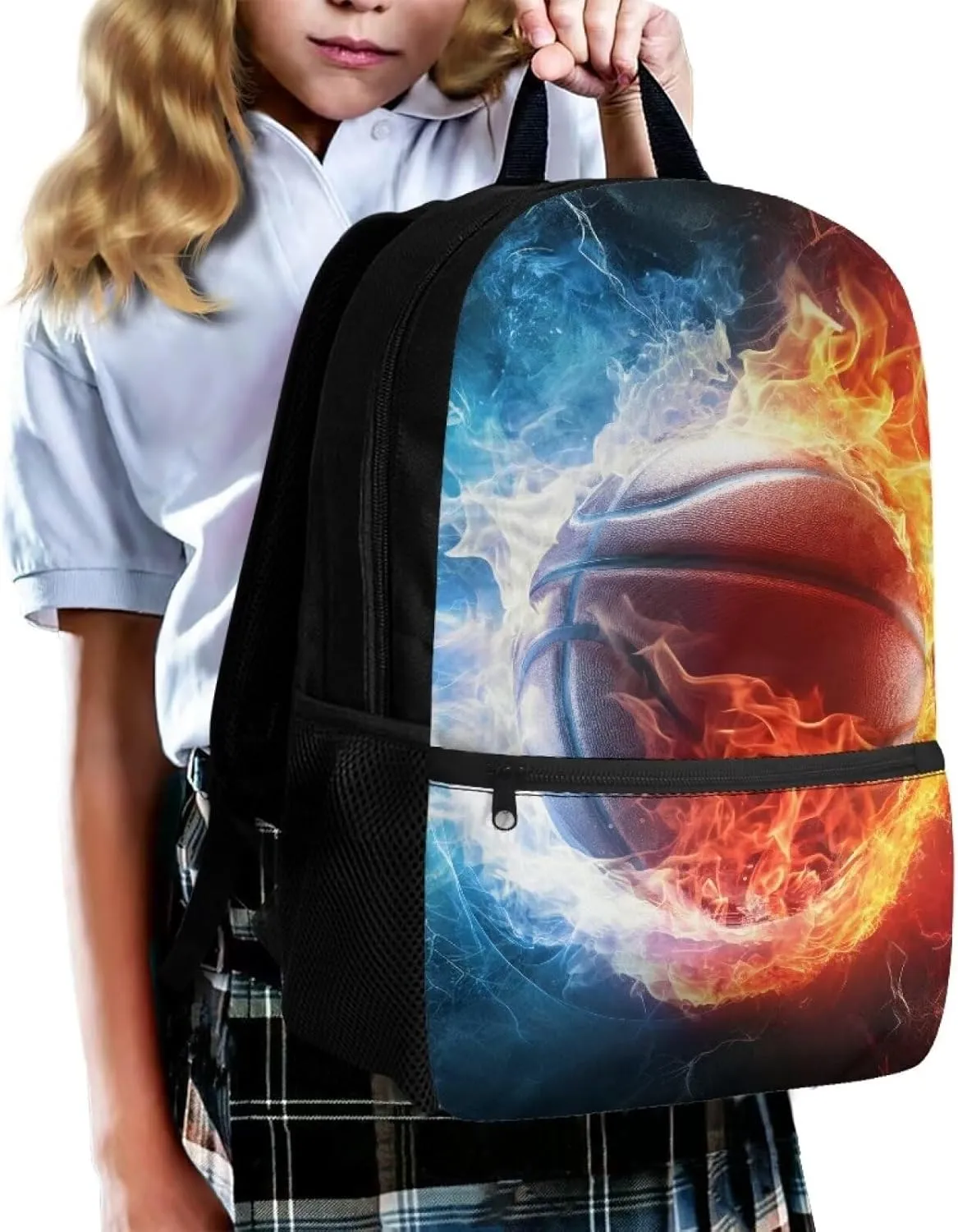 Basketball Backpack for Kids Boys 10-12 for School Kids Large Schoolbag Elementary 3rd Grade Book Bags Water Fireball 17 inch Travel Shoulder Bag Casual Daypack Hiking Camping Backpacks