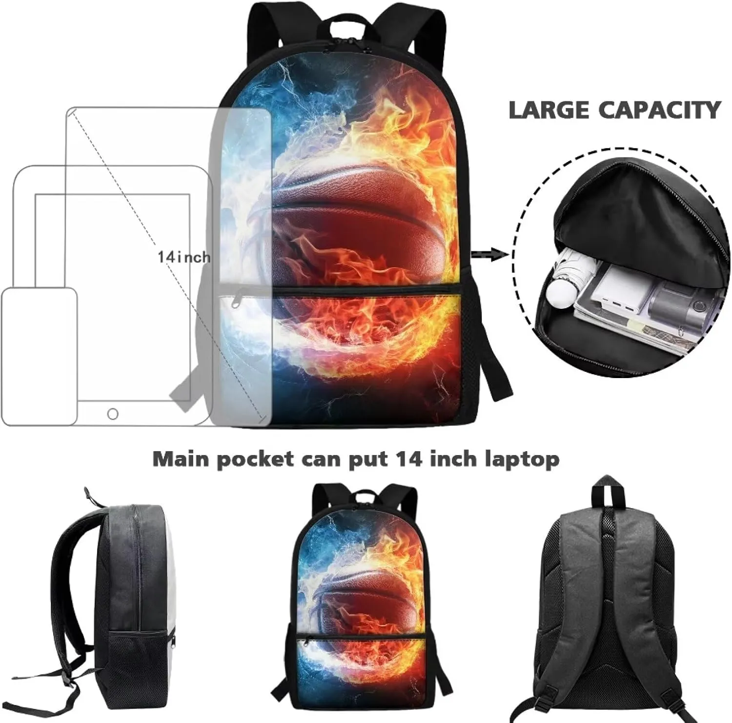Basketball Backpack for Kids Boys 10-12 for School Kids Large Schoolbag Elementary 3rd Grade Book Bags Water Fireball 17 inch Travel Shoulder Bag Casual Daypack Hiking Camping Backpacks