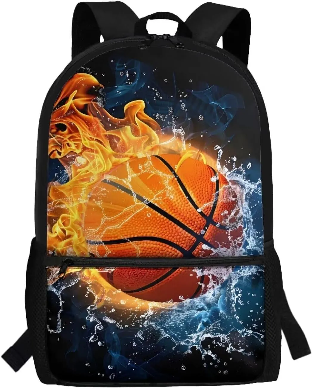 Basketball Kids Backpack Boys School Schoolbag 8-12 Kids 17 Inch Book Bags Elementary 4th Grade Daypack Water and Fire Print Large Capacity Travel Shoulder Bags Laptop Backpacks Back Pack