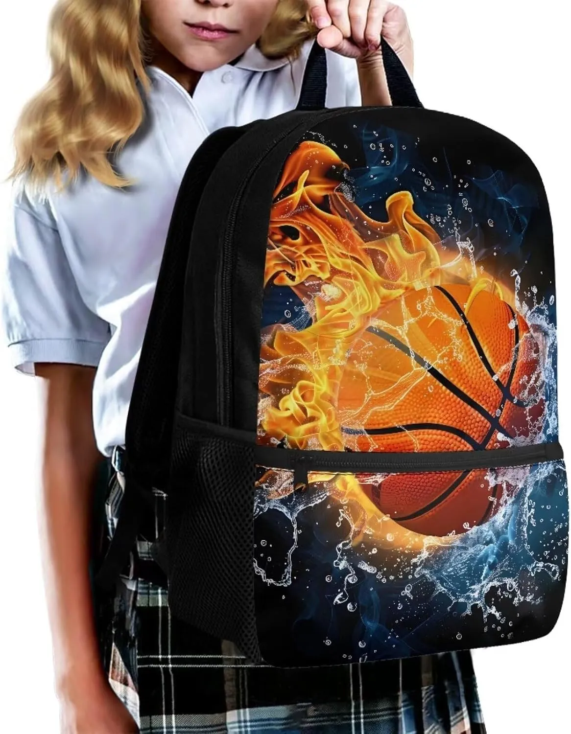 Basketball Kids Backpack Boys School Schoolbag 8-12 Kids 17 Inch Book Bags Elementary 4th Grade Daypack Water and Fire Print Large Capacity Travel Shoulder Bags Laptop Backpacks Back Pack