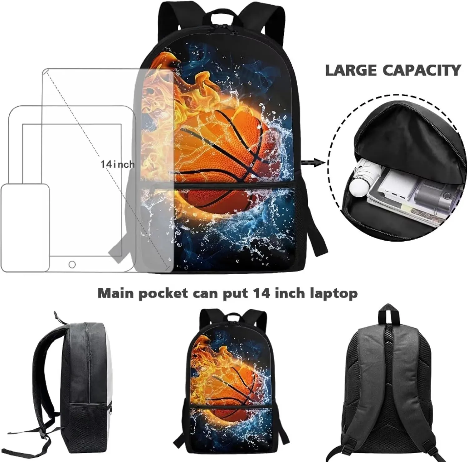 Basketball Kids Backpack Boys School Schoolbag 8-12 Kids 17 Inch Book Bags Elementary 4th Grade Daypack Water and Fire Print Large Capacity Travel Shoulder Bags Laptop Backpacks Back Pack