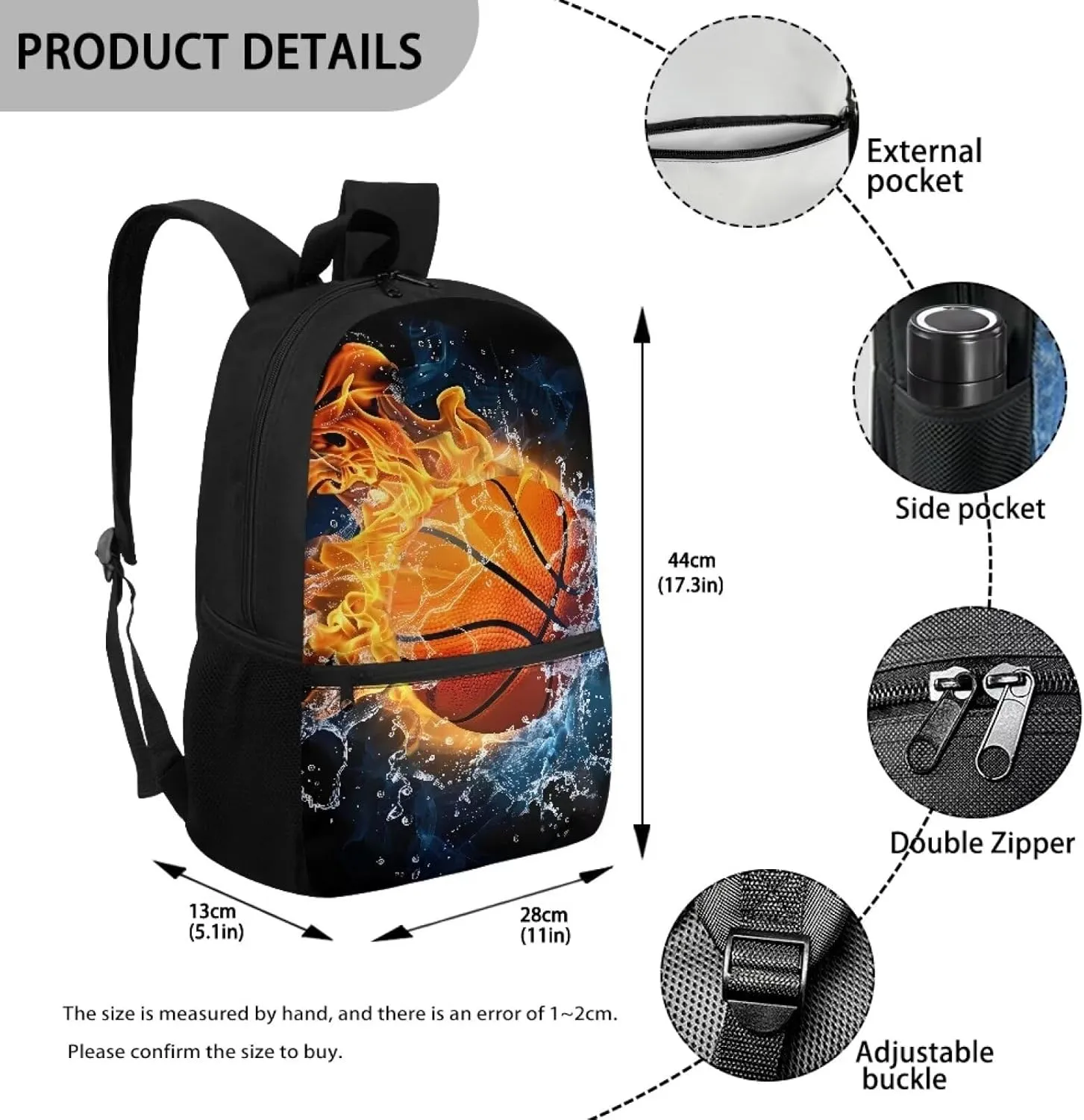 Basketball Kids Backpack Boys School Schoolbag 8-12 Kids 17 Inch Book Bags Elementary 4th Grade Daypack Water and Fire Print Large Capacity Travel Shoulder Bags Laptop Backpacks Back Pack