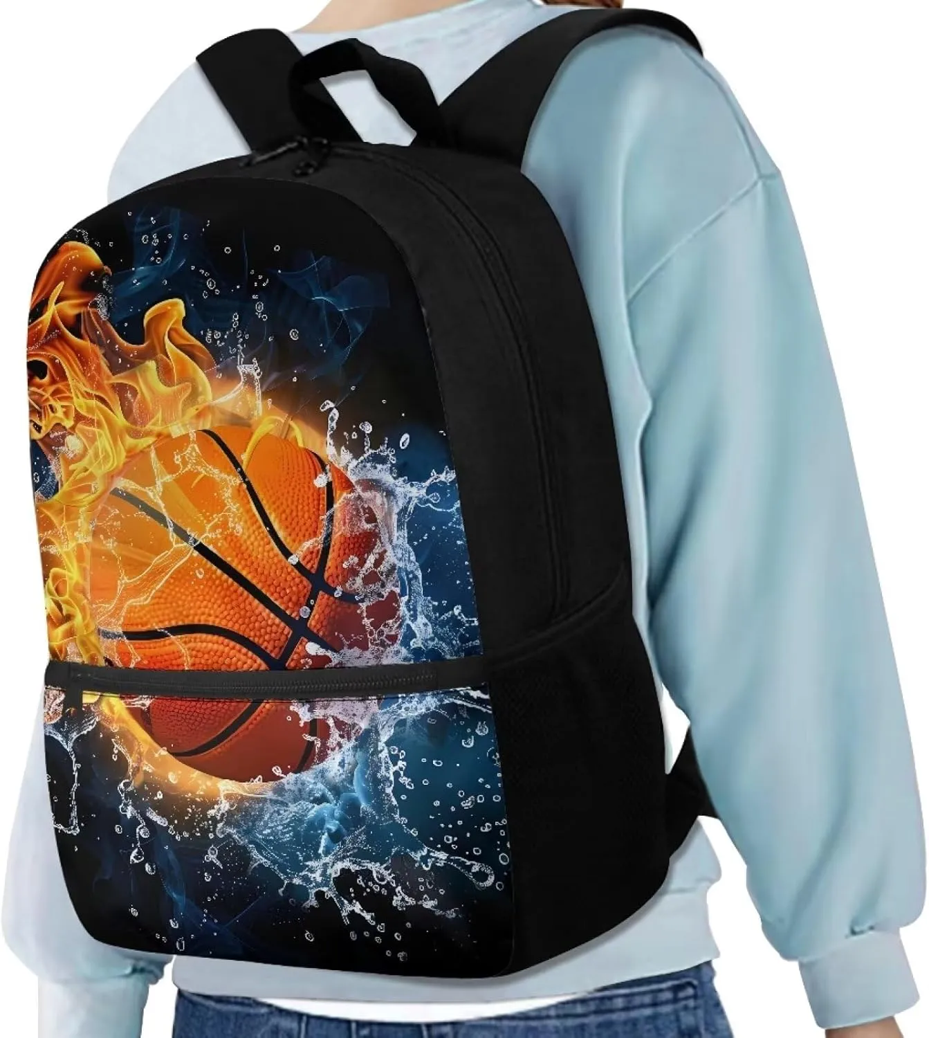 Basketball Kids Backpack Boys School Schoolbag 8-12 Kids 17 Inch Book Bags Elementary 4th Grade Daypack Water and Fire Print Large Capacity Travel Shoulder Bags Laptop Backpacks Back Pack