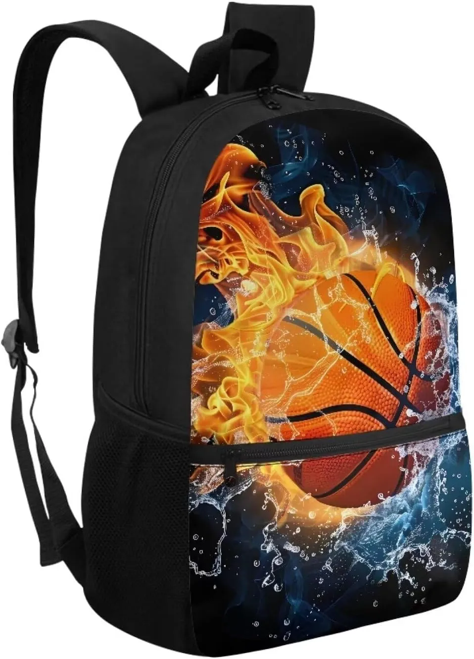 Basketball Kids Backpack Boys School Schoolbag 8-12 Kids 17 Inch Book Bags Elementary 4th Grade Daypack Water and Fire Print Large Capacity Travel Shoulder Bags Laptop Backpacks Back Pack