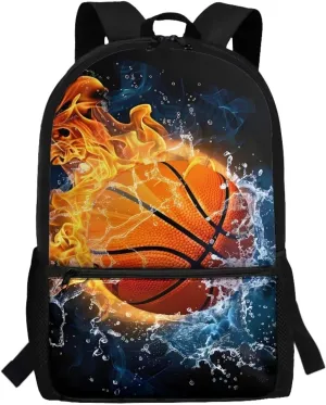 Basketball Kids Backpack Boys School Schoolbag 8-12 Kids 17 Inch Book Bags Elementary 4th Grade Daypack Water and Fire Print Large Capacity Travel Shoulder Bags Laptop Backpacks Back Pack