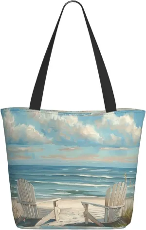 Beach Scene with Chairs, Printed Tote Bag for Women, Large Handbag, Lightweight Zipped Shoulder Bag for Shopping, School, Work, Travel, Black, One Size, black, Einheitsgröße