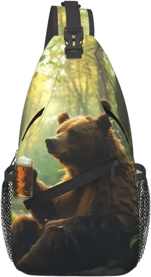 Bear Holding A Beer Mug Sling Backpack Small Crossbody Shoulder Bag Sling Bag Chest Bag Travel Hiking Casual Sport Daypack For Women Men