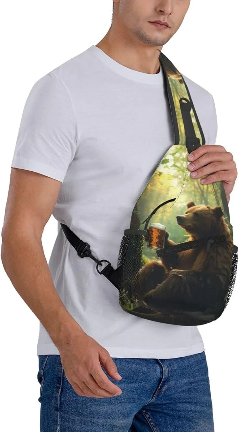 Bear Holding A Beer Mug Sling Backpack Small Crossbody Shoulder Bag Sling Bag Chest Bag Travel Hiking Casual Sport Daypack For Women Men