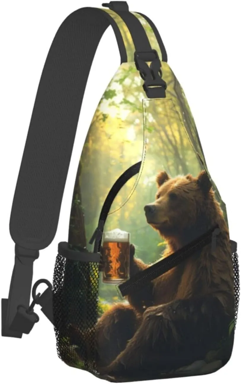 Bear Holding A Beer Mug Sling Backpack Small Crossbody Shoulder Bag Sling Bag Chest Bag Travel Hiking Casual Sport Daypack For Women Men