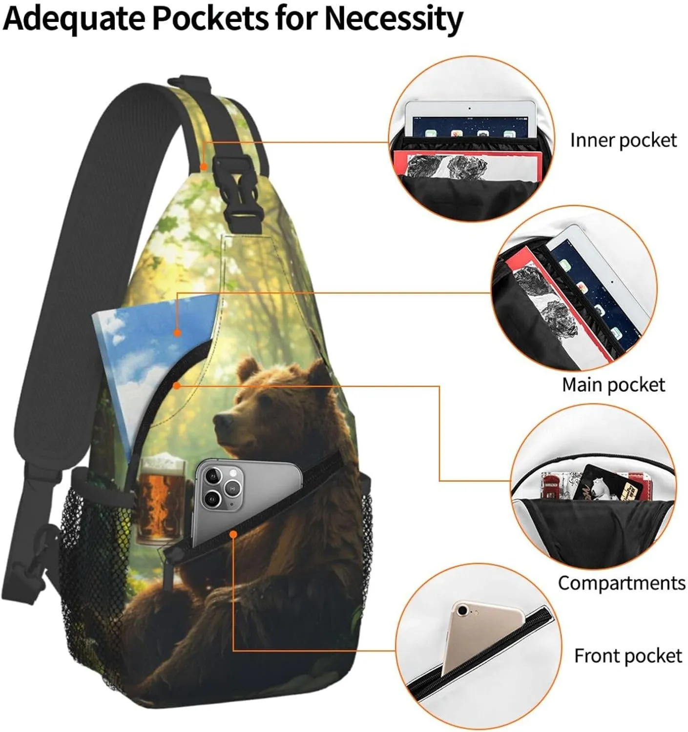 Bear Holding A Beer Mug Sling Backpack Small Crossbody Shoulder Bag Sling Bag Chest Bag Travel Hiking Casual Sport Daypack For Women Men