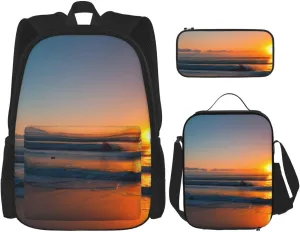 Beautiful Sunrise Ocean Print Versatile Adjustable Shoulder Fashion Backpack Lunch Bag Pencil Case Large Capacity