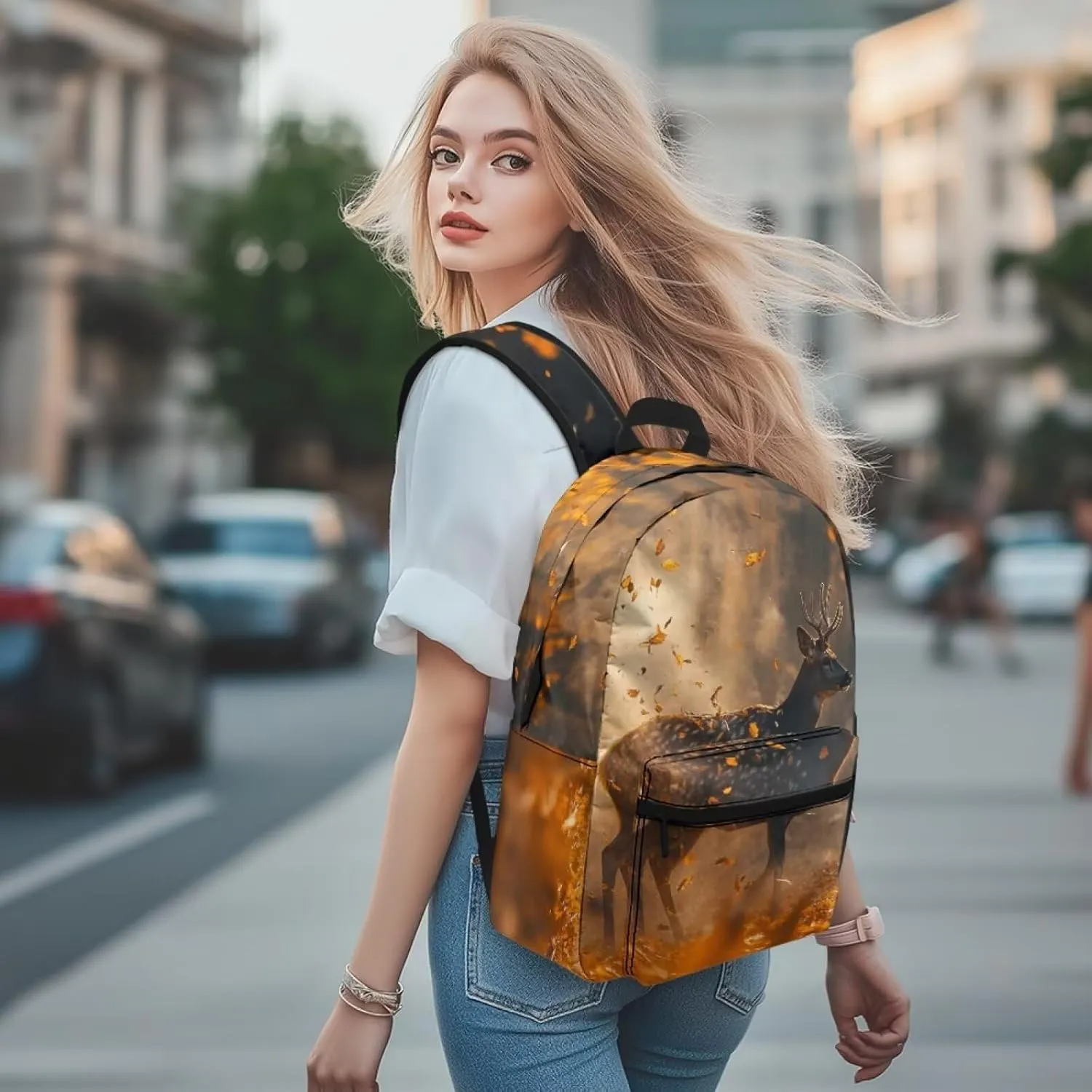 Beauty Collector Deer Fall Leaves Girls School Backpacks 17" Large Capacity Bookbag for Travel