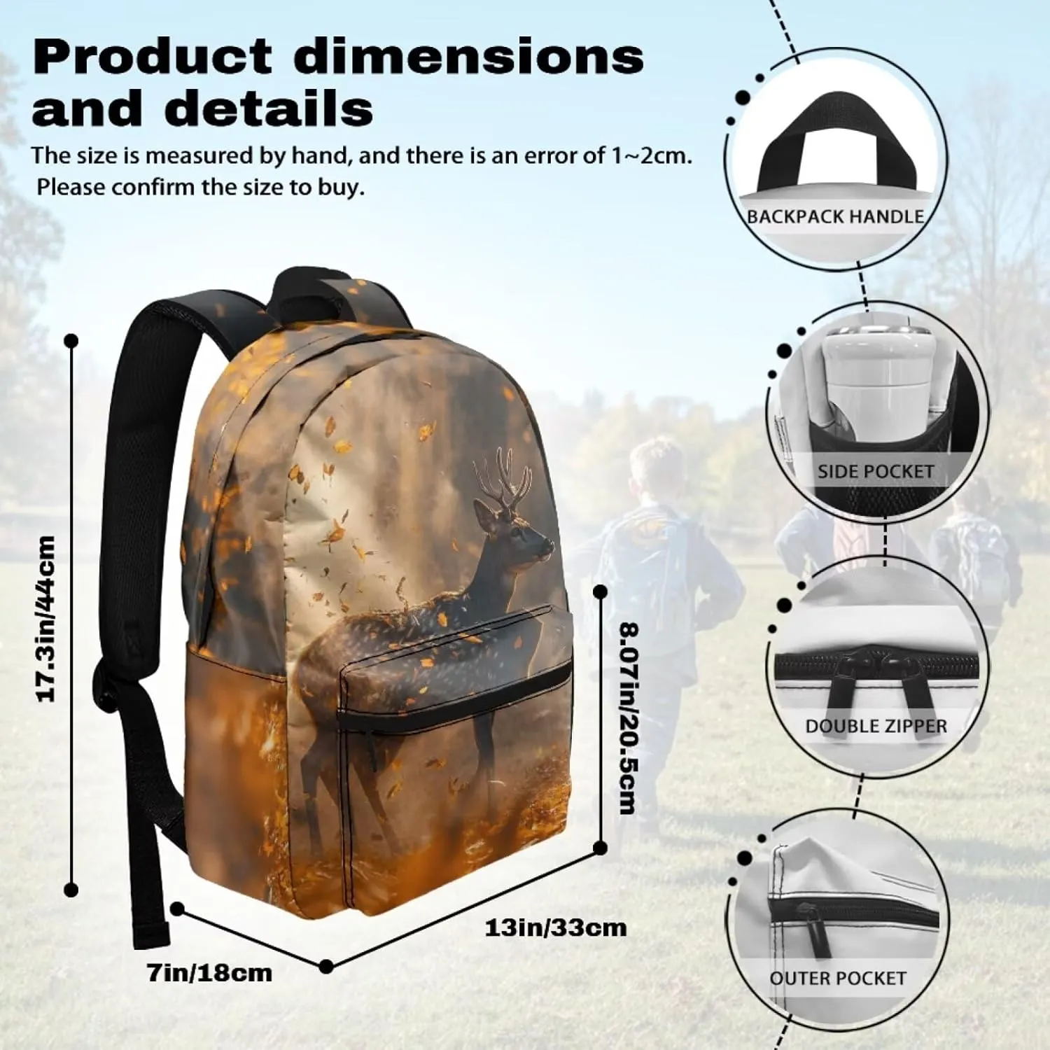 Beauty Collector Deer Fall Leaves Girls School Backpacks 17" Large Capacity Bookbag for Travel