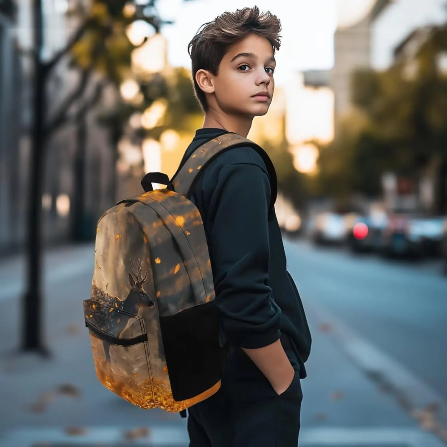 Beauty Collector Deer Fall Leaves Girls School Backpacks 17" Large Capacity Bookbag for Travel