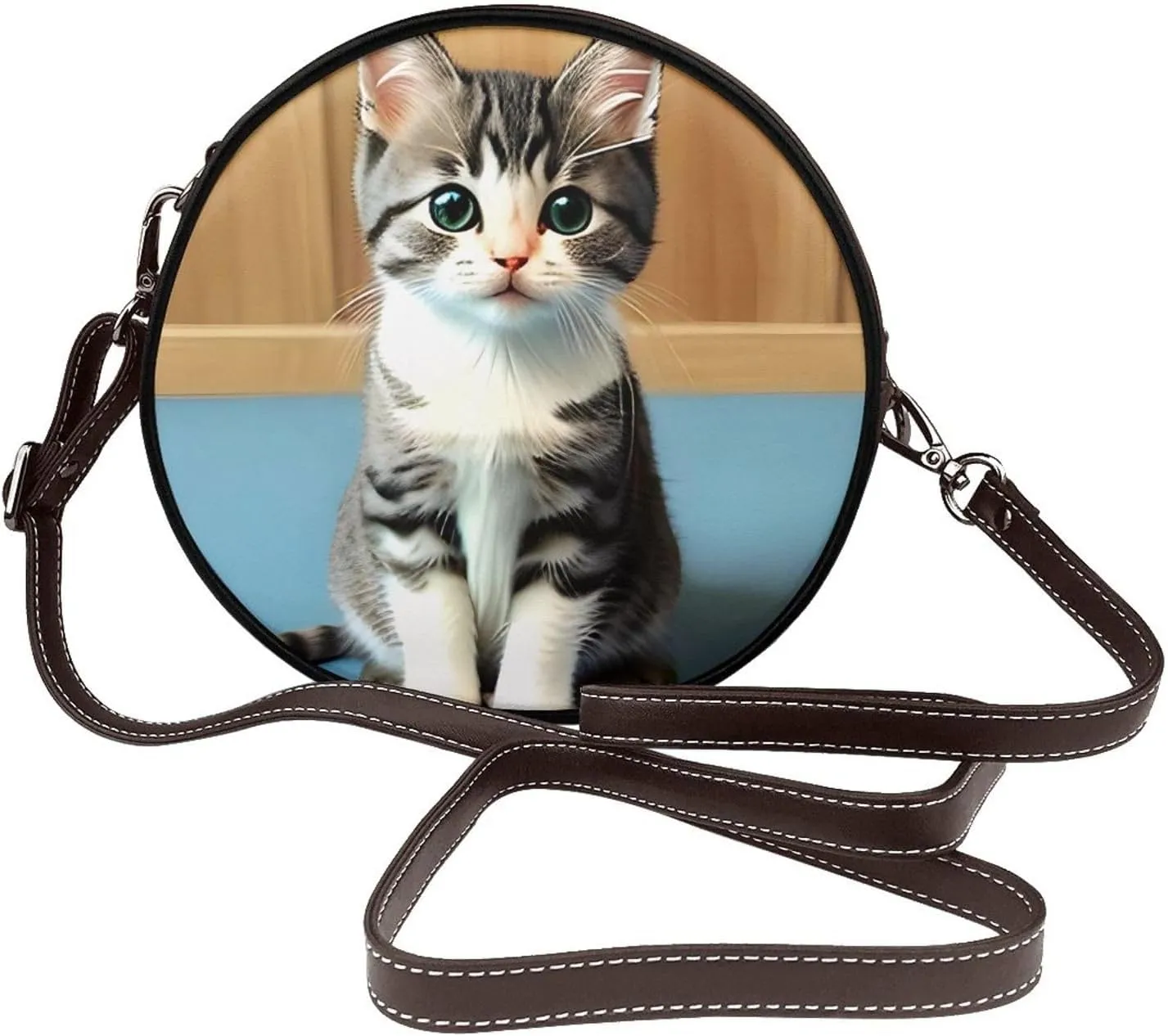 Bedroom Kitten Removable Shoulder Strap Waterproof Leather Shoulder Round Bag Crossbody Bag Travel Shopping Dating Handbag Purse