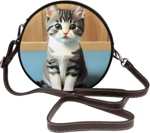 Bedroom Kitten Removable Shoulder Strap Waterproof Leather Shoulder Round Bag Crossbody Bag Travel Shopping Dating Handbag Purse