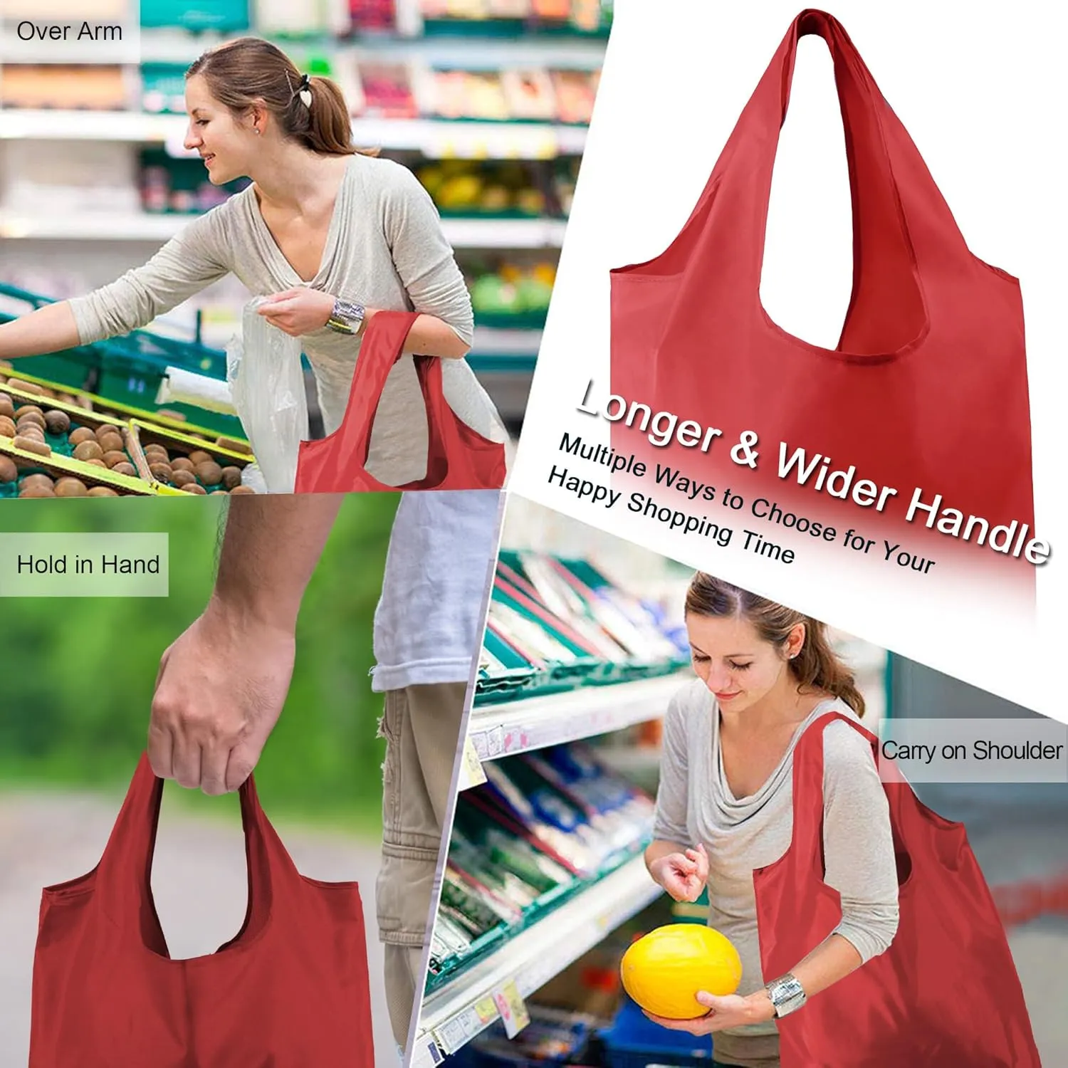 BeeGreen Red Reusable Grocery Bags with Elastic Band Reusable Shopping Bags Bulk 50LBS X-Large Foldable-Machine Washable-Heavy Duty 20 Pieces