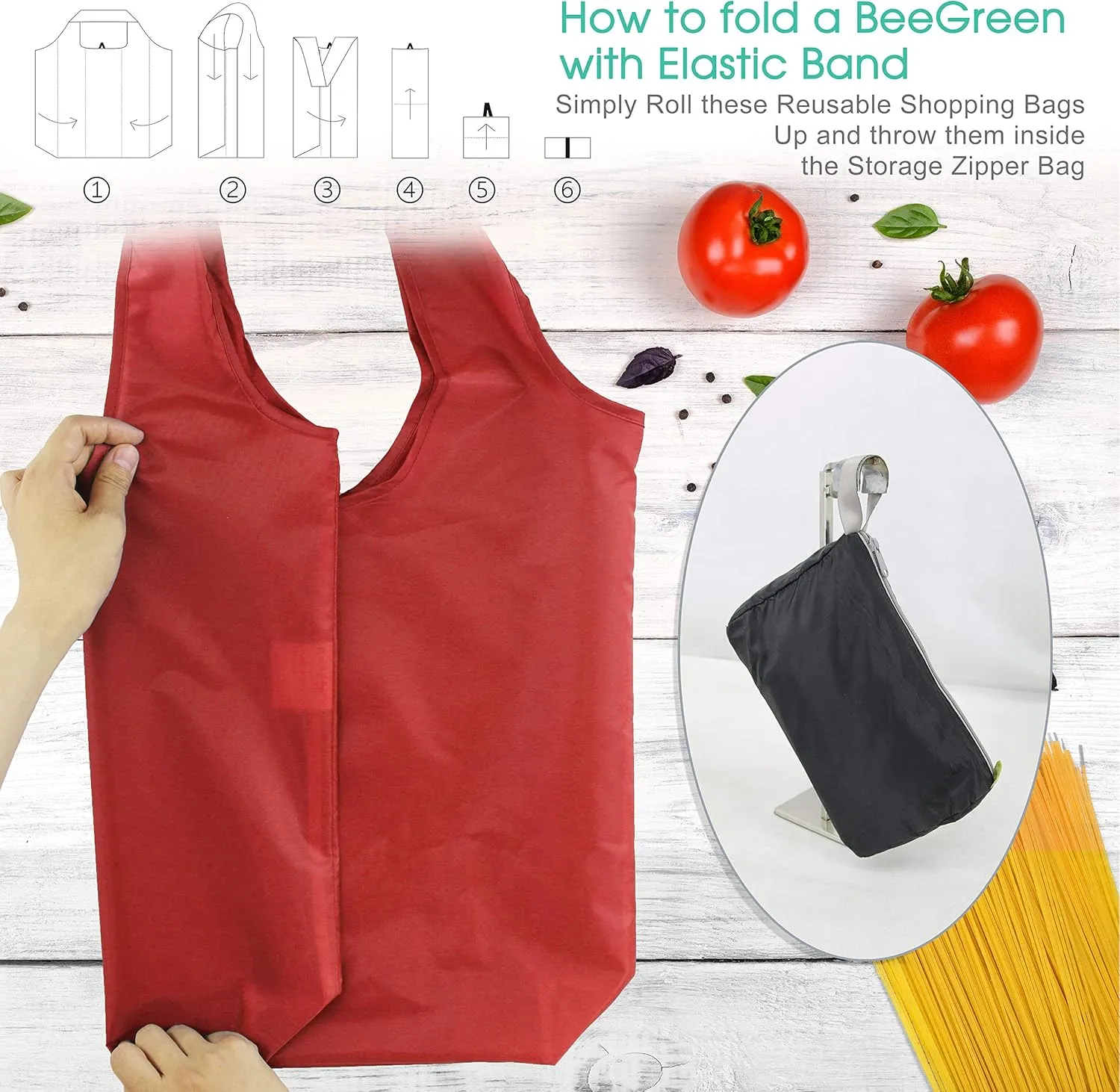 BeeGreen Red Reusable Grocery Bags with Elastic Band Reusable Shopping Bags Bulk 50LBS X-Large Foldable-Machine Washable-Heavy Duty 20 Pieces