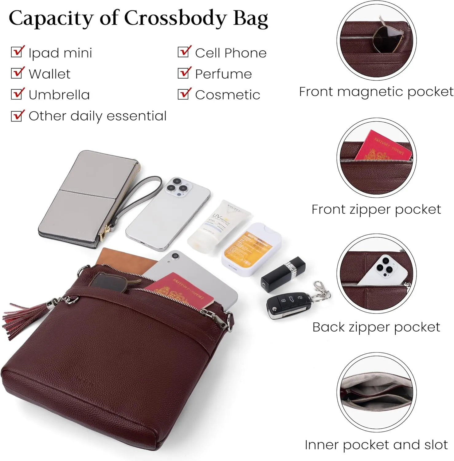 befen Genuine Leather Crossbody Purses for Women, Womens Medium Cross Body Bags Handbag Shoulder Purse with Adjustable Straps