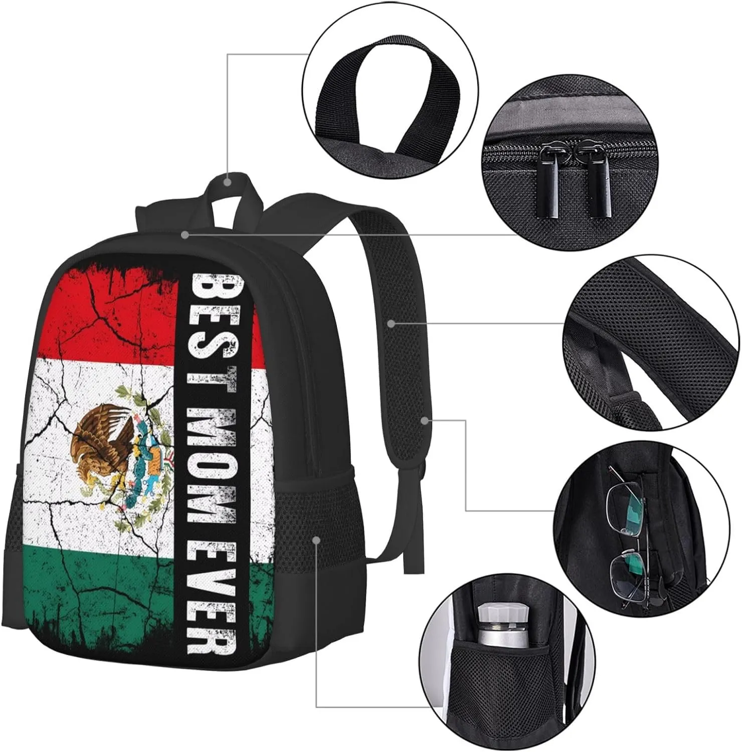 Best Mexican Mom Ever Mexico Flag Casual Backpacks Large Capacity Backpack Laptop Rucksack Sport Daypack Commuter Bags with Adjustable Strap for Traveling Camping