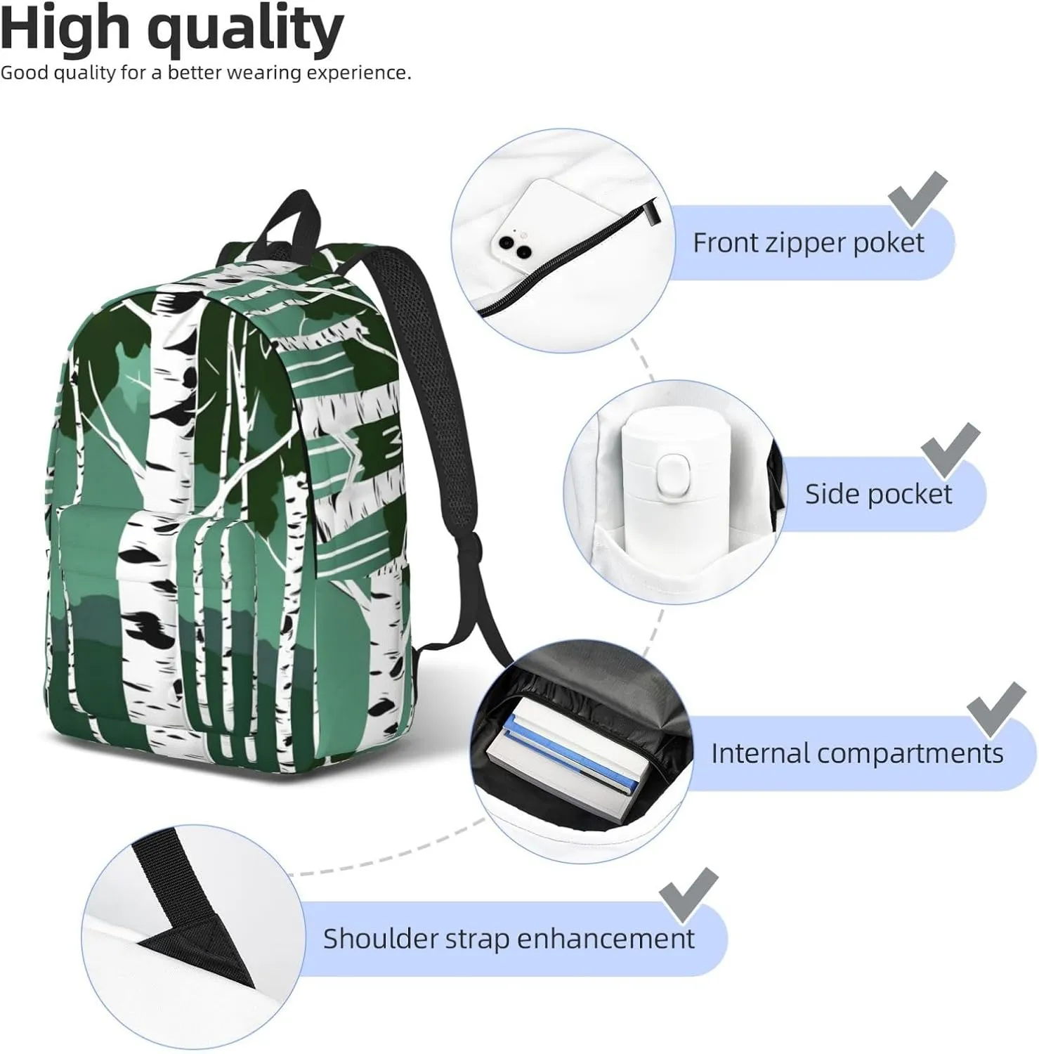Birch Trees Print Stylish Canvas Backpack,Travel Backpack With Pockets,For Hiking And Daily Use