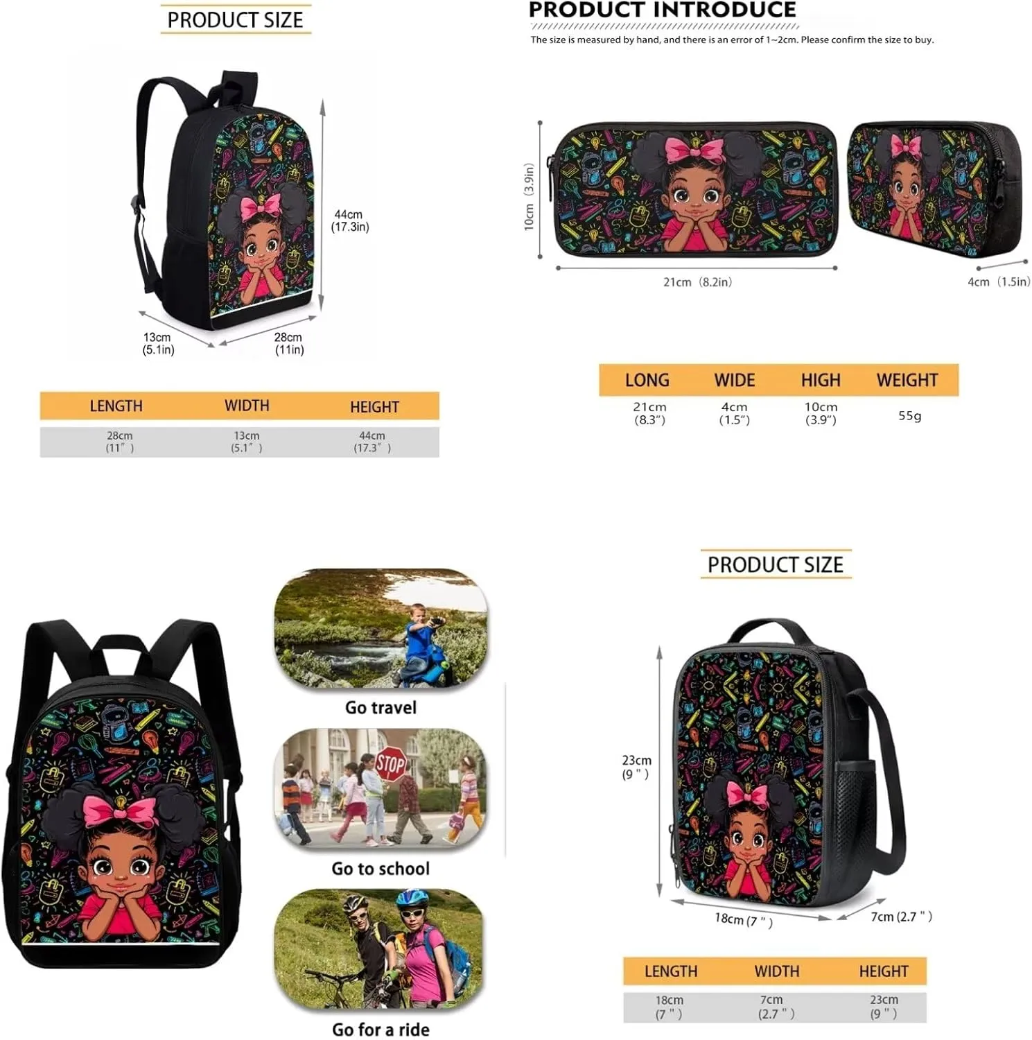 Biyejit African Girls Backpack for Girls Elementary Bookbag for School Backpack Set Girls Preschool Book Bag with Lunch Box Pencil Case