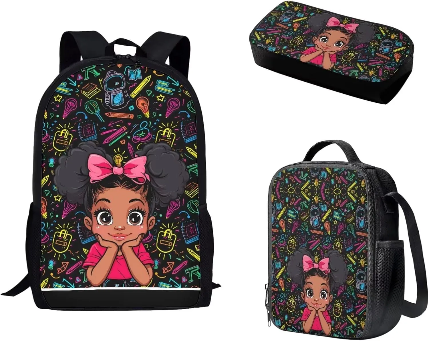 Biyejit African Girls Backpack for Girls Elementary Bookbag for School Backpack Set Girls Preschool Book Bag with Lunch Box Pencil Case