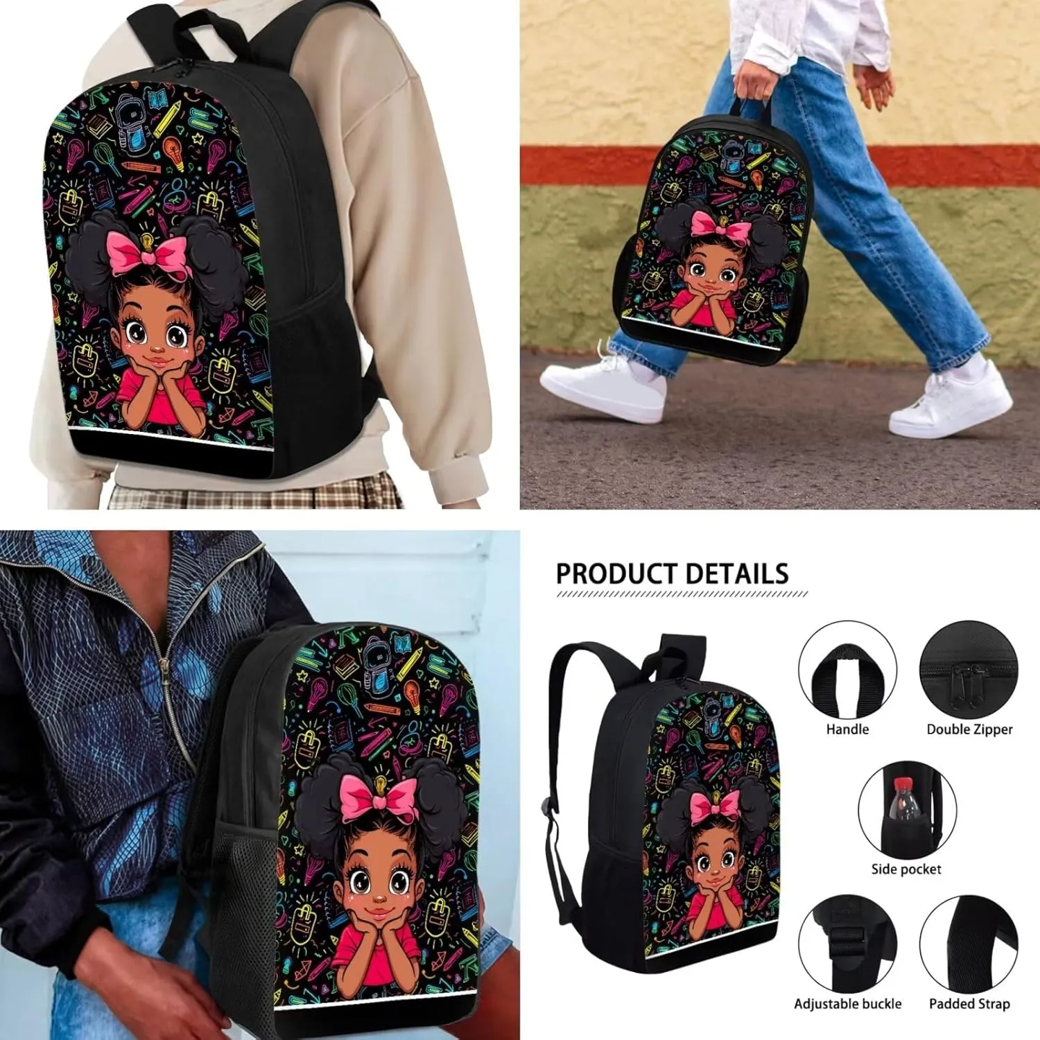 Biyejit African Girls Backpack for Girls Elementary Bookbag for School Backpack Set Girls Preschool Book Bag with Lunch Box Pencil Case