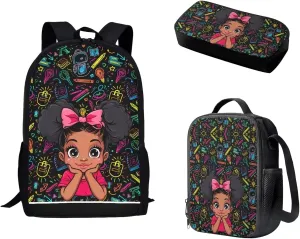 Biyejit African Girls Backpack for Girls Elementary Bookbag for School Backpack Set Girls Preschool Book Bag with Lunch Box Pencil Case