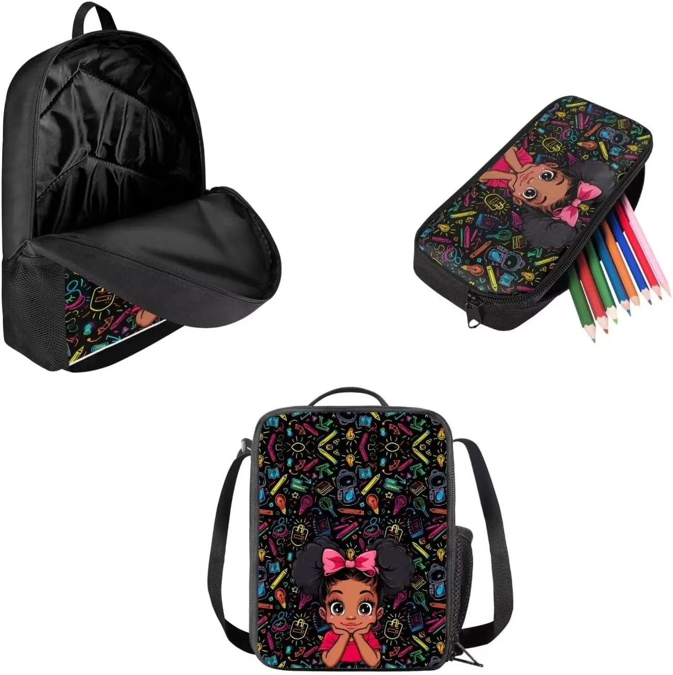 Biyejit African Girls Backpack for Girls Elementary Bookbag for School Backpack Set Girls Preschool Book Bag with Lunch Box Pencil Case